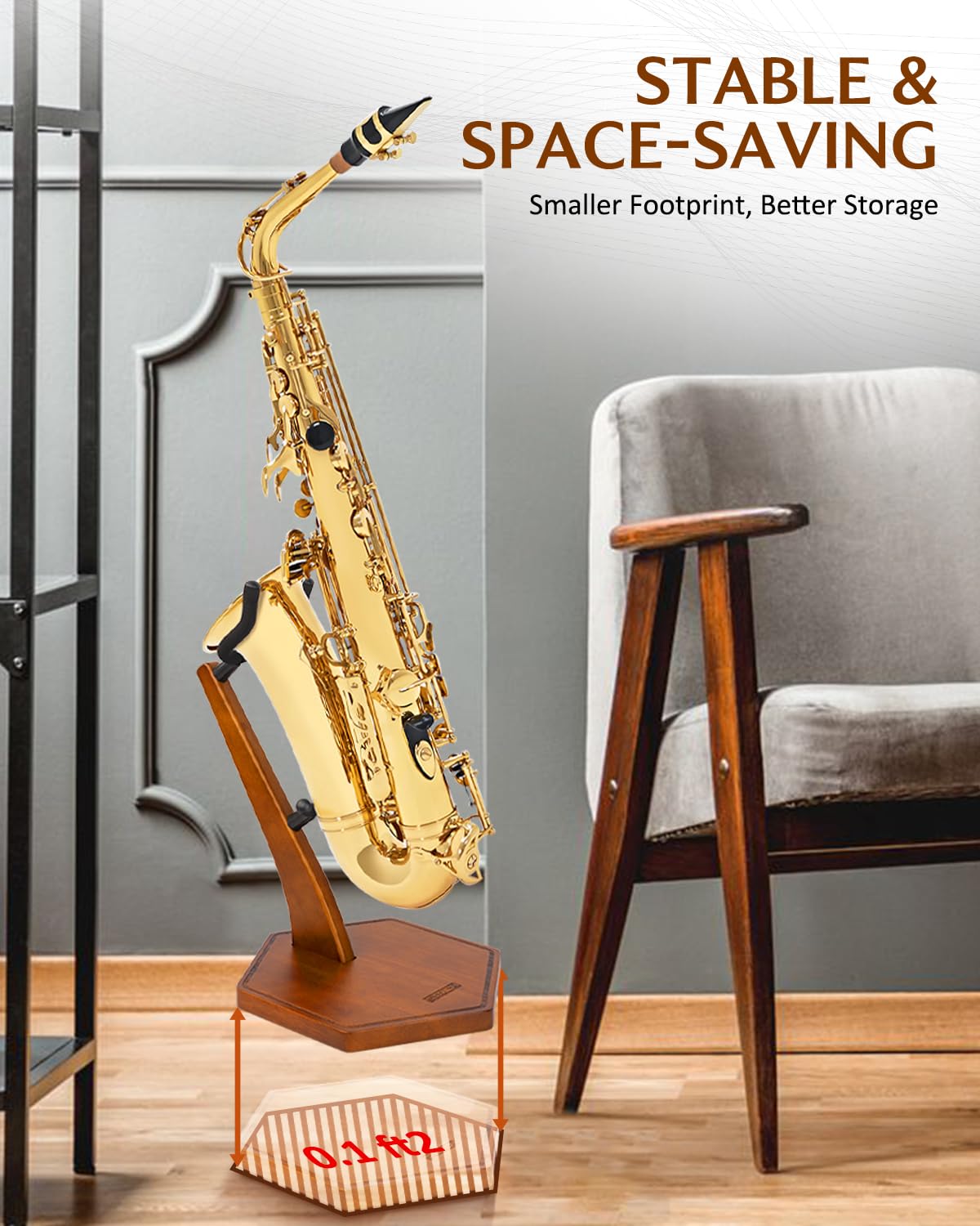 Strich Wooden Saxophone Stand Display For Alto Tenor Sax, Handmade Solid Wood Floor Stand Holder Colour Walnut, Weighted Heavy B