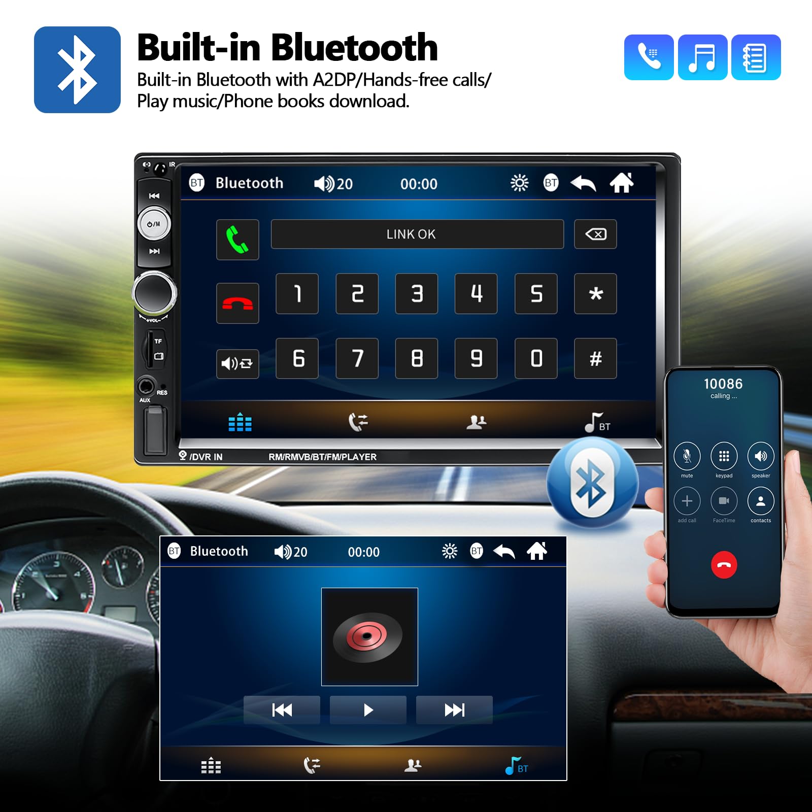 Amprime Double Din Car Stereo Radio With Bluetooth 7� Touch Screen Fm Receiver Mp5 Car Player Support Mirror Link For Phone + Backup Camera/Steering Wheel Control+Remote Control