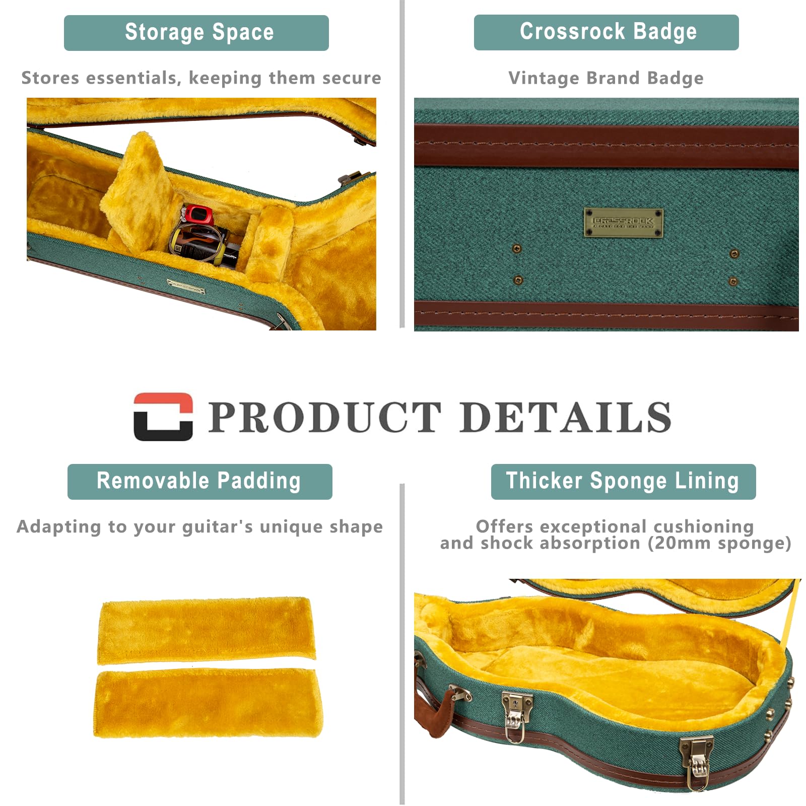 Crossrock Master Series Les Paul Electric Guitar Case | Malachite Blue Tweed Exterior, Re-Engineered Wooden Shell, Leather Handl