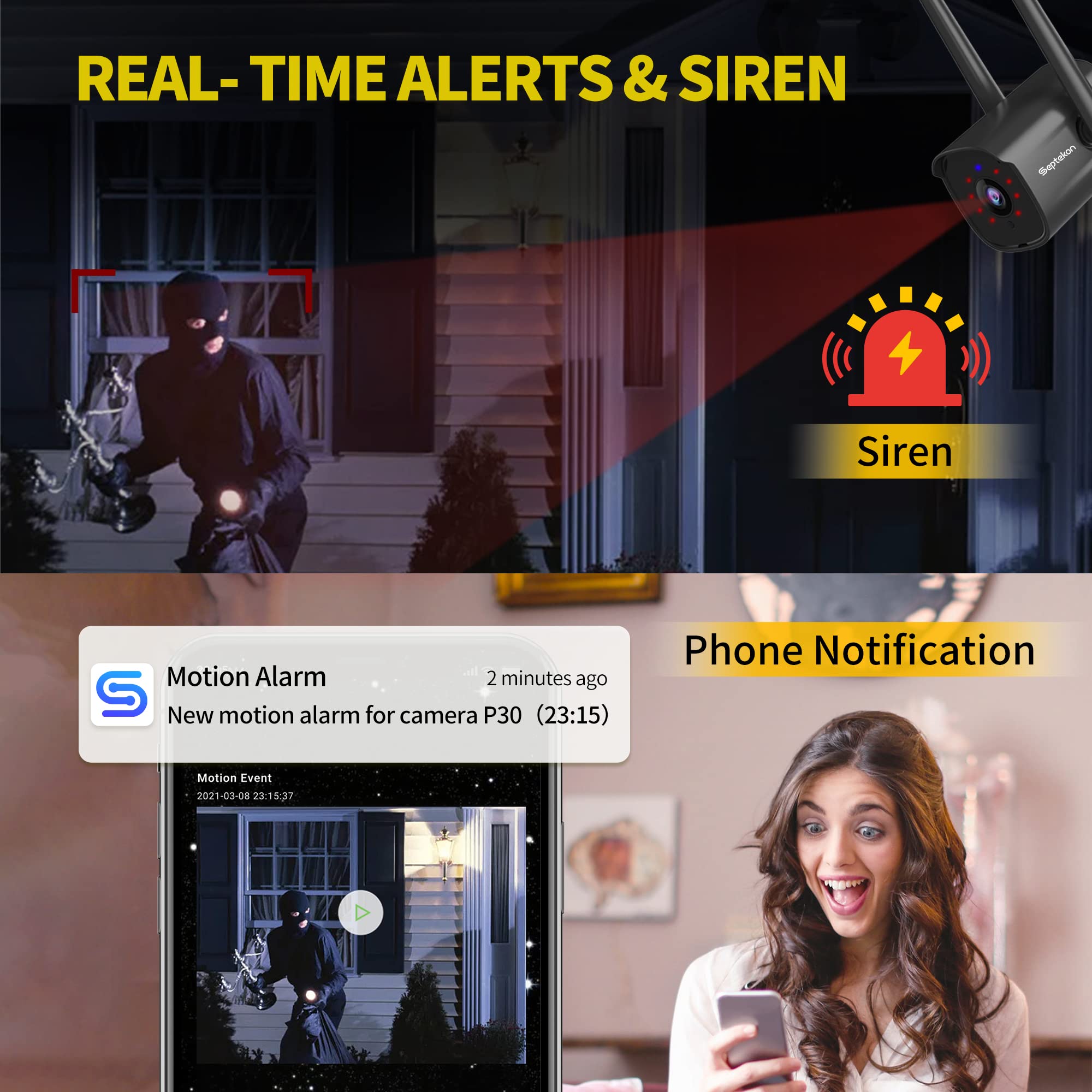 Septekon 2K Home Security Cameras 4 Pack, 2.4G Wired Wifi Security Camera Outdoor With Night Vision, Two Way Audio, Ip66, Motion