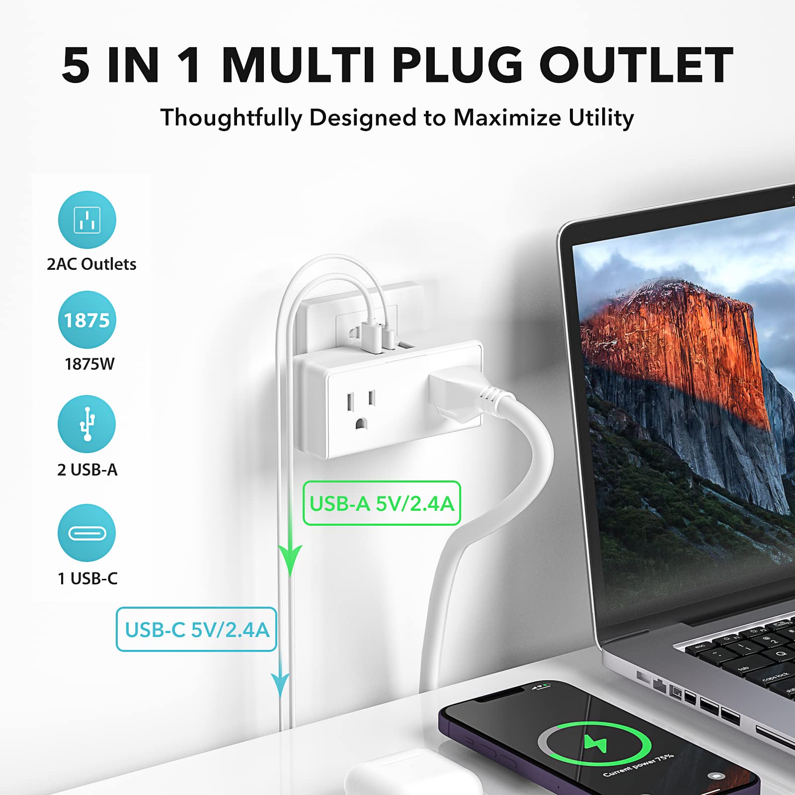 Bn-Link Multi Plug Outlet, Outlet Extender With 2 Usb-A 1 Usb-C 2 Ac Oulets, 3 Prong Outlet Splitter For Dorm, School, Office, H