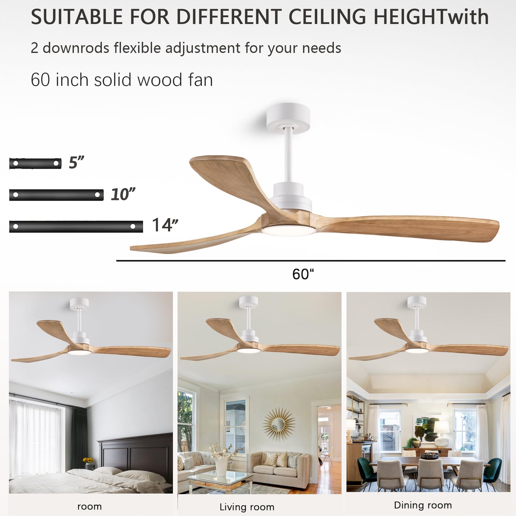 Dearnow 60'' Ceiling Fans With Light With Remote Control, Indoor Outdoor Wood Ceiling Fan With 3 Wood Blades For Living Room, Ha