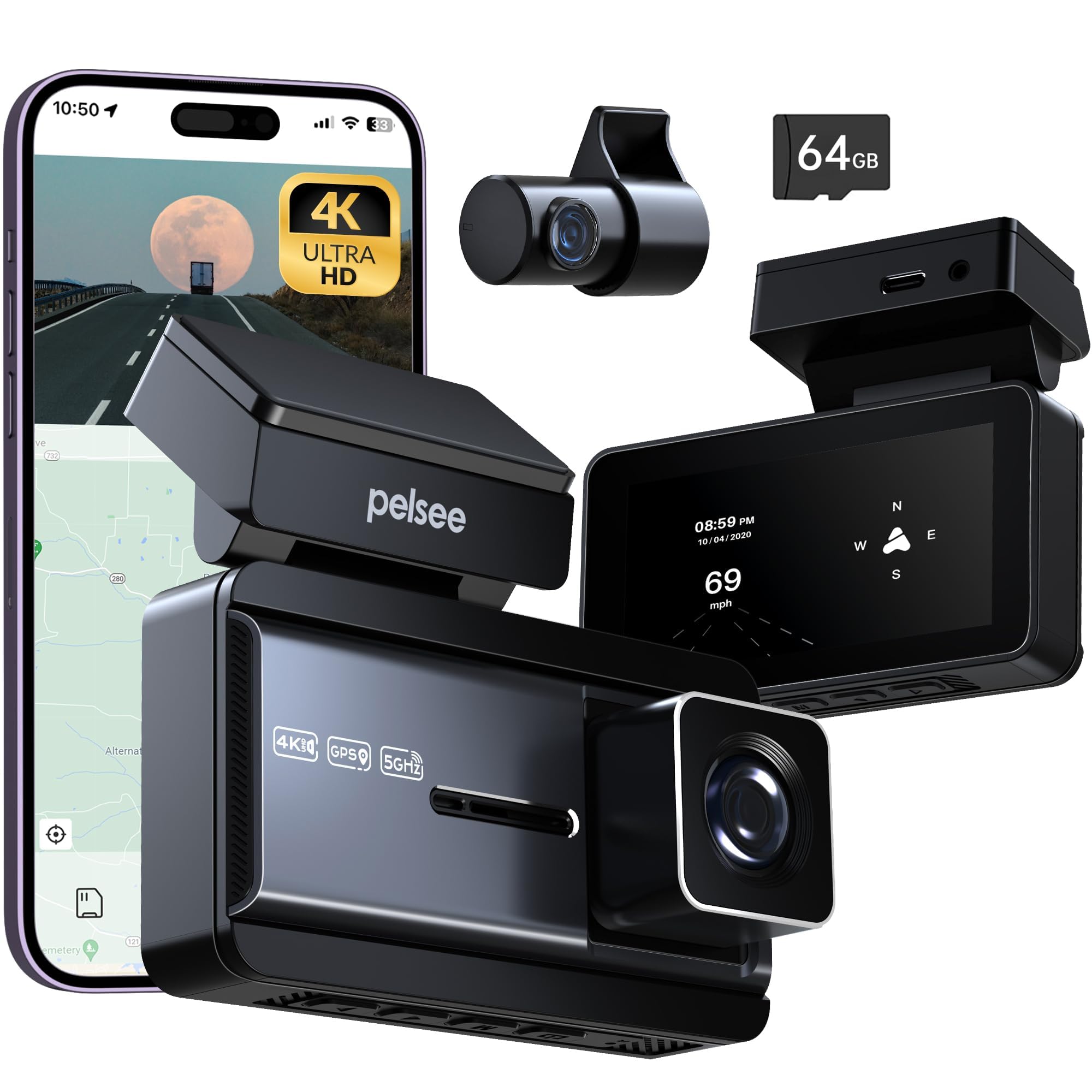 Pelsee 4K Dash Cam Front And Rear, 64Gb Sd Card, 4K+1080P Dual Dash Camera For Cars With Wi Fi, Gps, Adas, Bsd, 3 Ips Display Ca