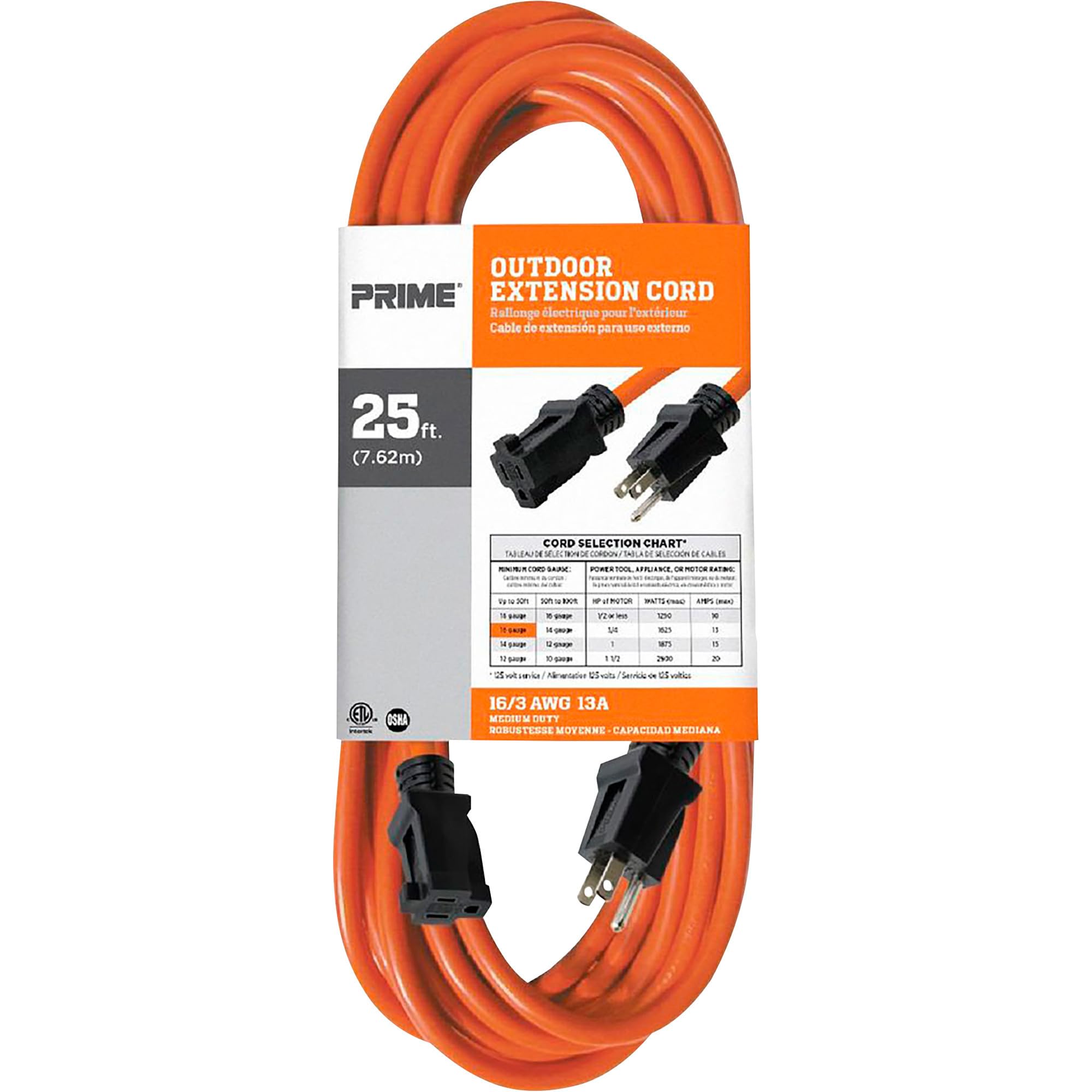 Prime Brand Extension Cord, General Use Indoor/Outdoor, 16 Awg, 3-Conductor Grounded, 25, Safety Orange
