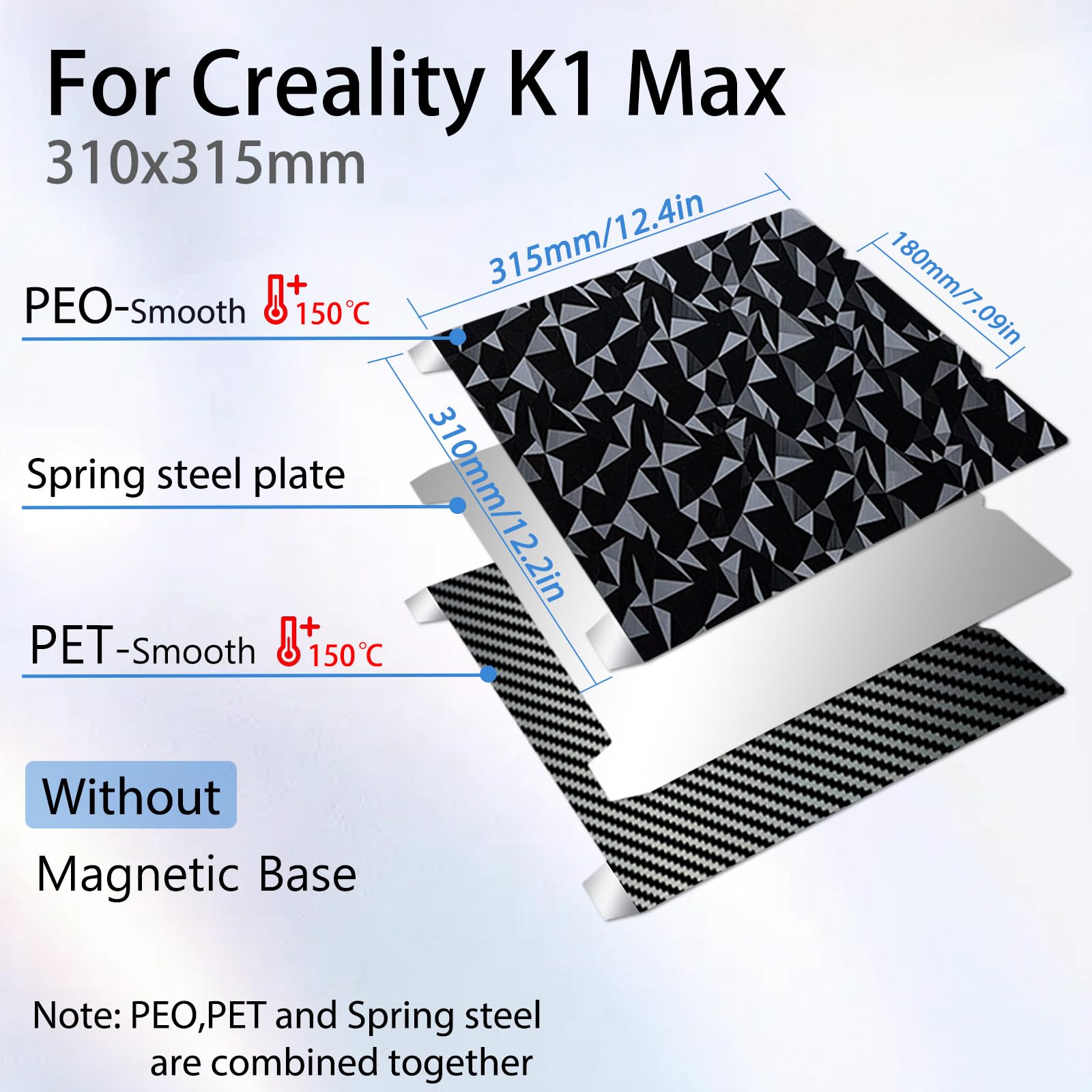 Wefuit 3D Printer Smooth Peo +Smooth Pet Build Plate Kit, Flexible Spring Steel Platform For K1 Max 310 X315Mm,(Without Magnetic