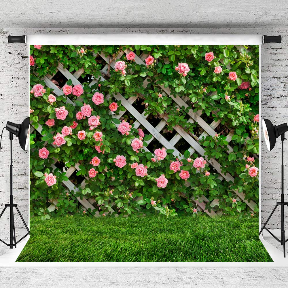 Aiikes 8X8Ft Flowers Photography Backdrop Spring Floral Photo Background Green Leaf Fence Backdrops Wedding Bridal Backdrop Baby