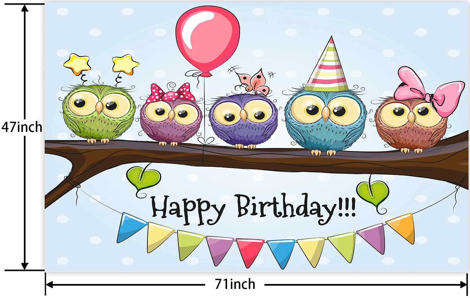 Night Owl Happy Birthday Banner Backdrop Balloon Cute Colorful Cartoon Theme Decor For Happy Birthday Baby Shower Party Decorati
