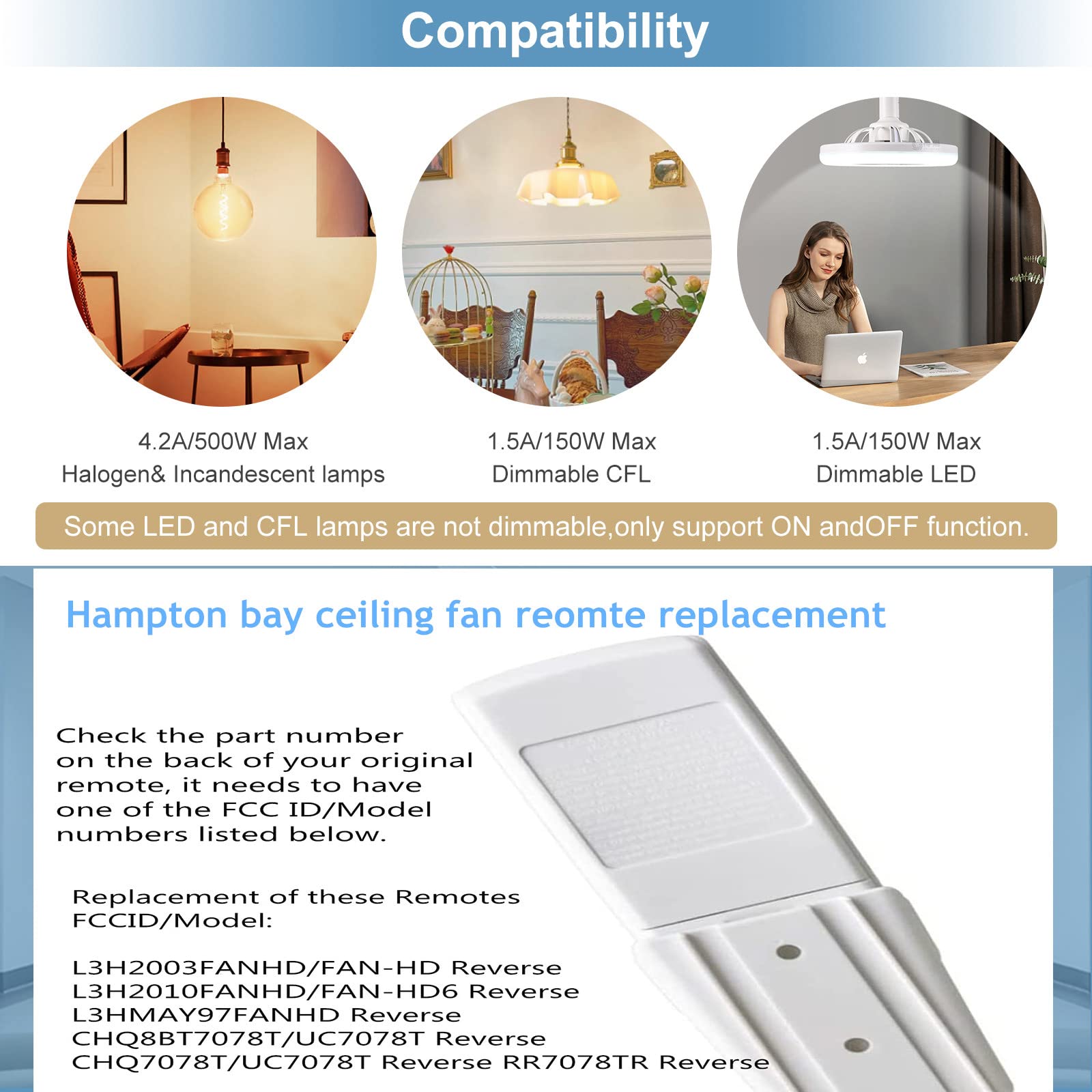 Hampton Bay Ceiling Fan Remote Control (3 Speed/Light Dimmer/Reverse Button) Replacement For Uc7078T Fan Hd Chq7078T L3H2003Fanh