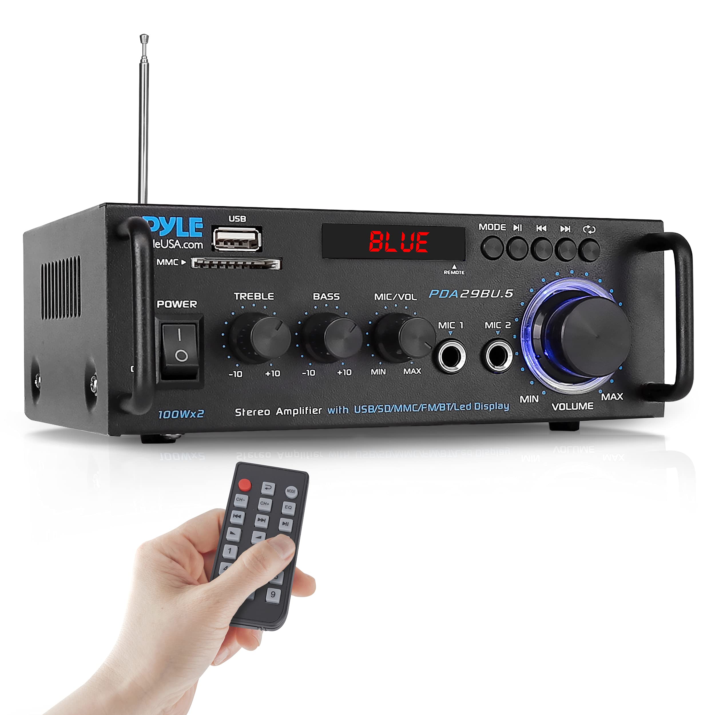 Pyle Wireless Bluetooth Stereo Power Amplifier   200W Dual Channel Sound Audio Stereo Receiver System W/ Rca, Usb, Sd, Mic In, F