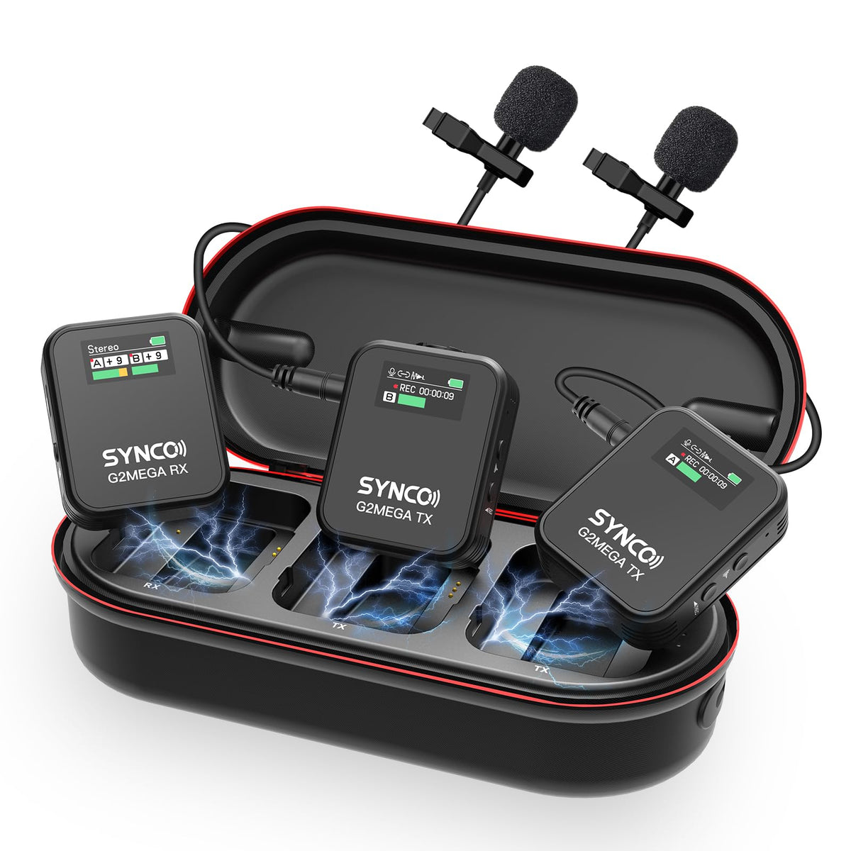 Synco Wireless Microphone System With Charging Case, G2A2 Mega Dual Transmitter 8Gb Storage Of 24H 656Ft Video Recording Streami