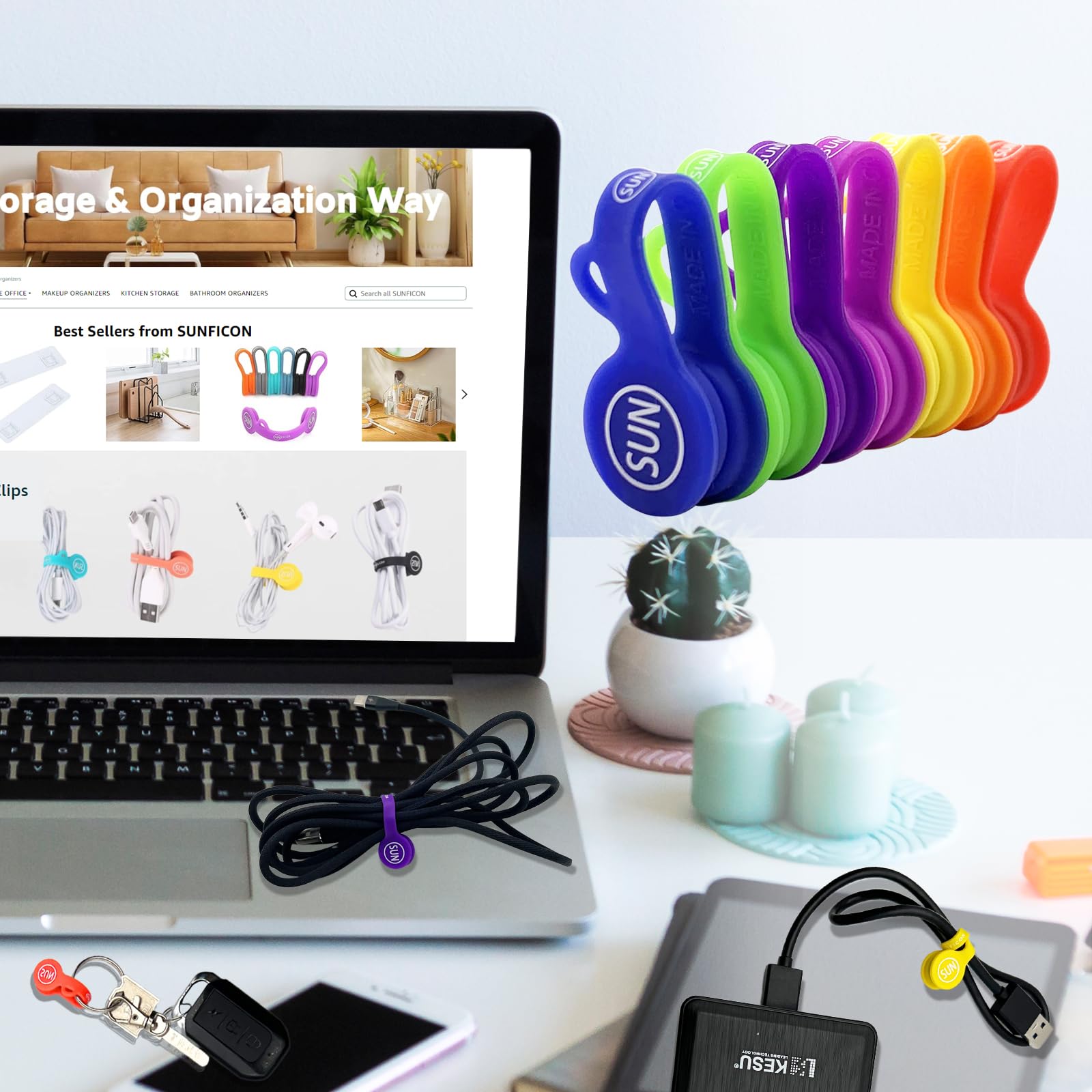 SUNFICON Magnetic Cable Clips Organizer 7 Pack Silicone Rainbow