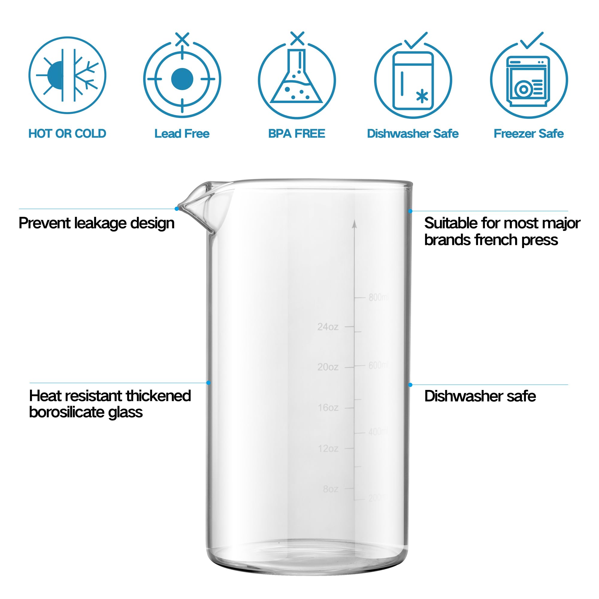 Ymmind Standard Universal Design 34 Oz French Press Replacement Glass Beaker, Fits Most Brands French Press Coffee Makers (1Quar