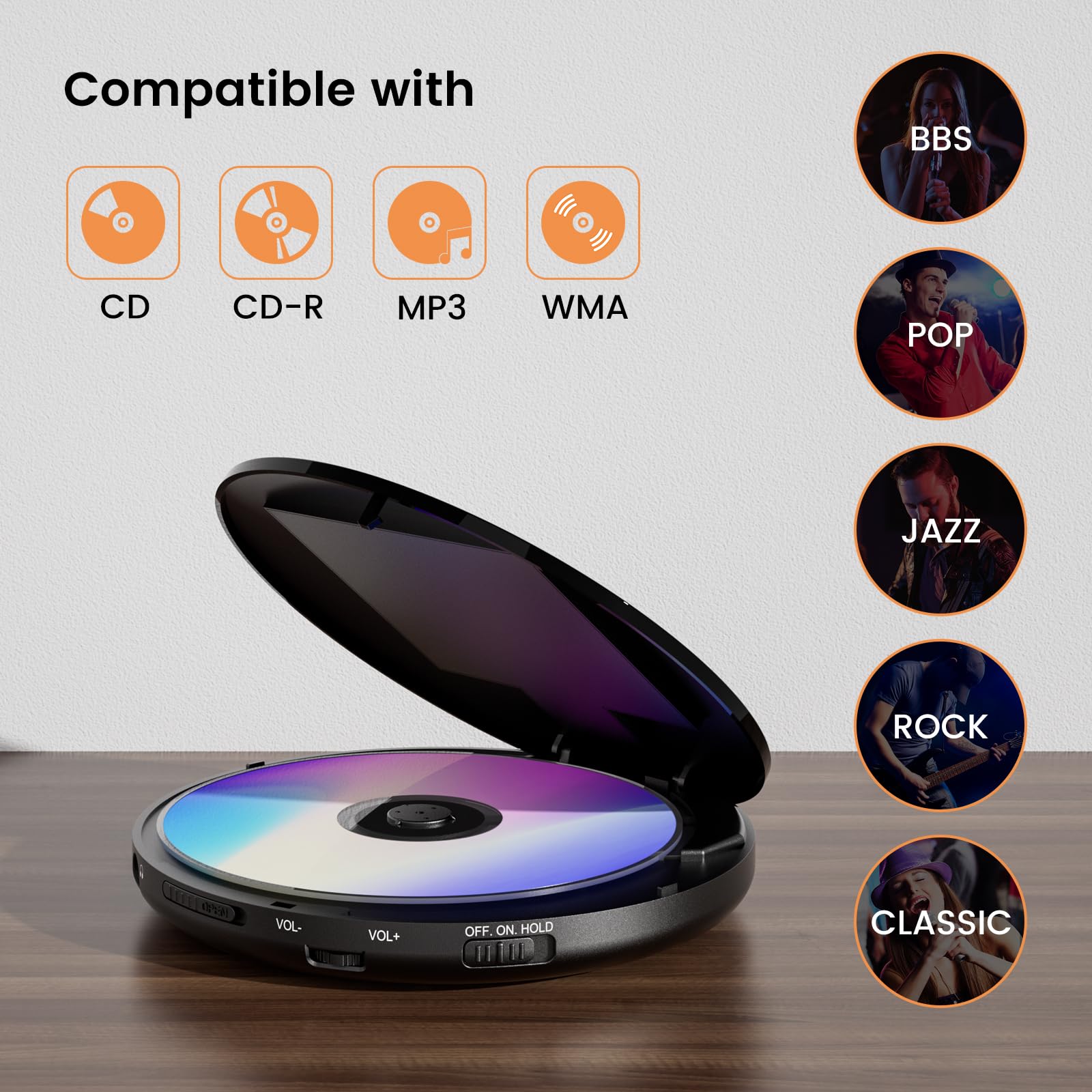 Portable Cd Player With Headphone, Hernido Rechargeable Cd Player For Car, Compact Cd Walkman With 5 Eq Sounds, Aux Output, Anti