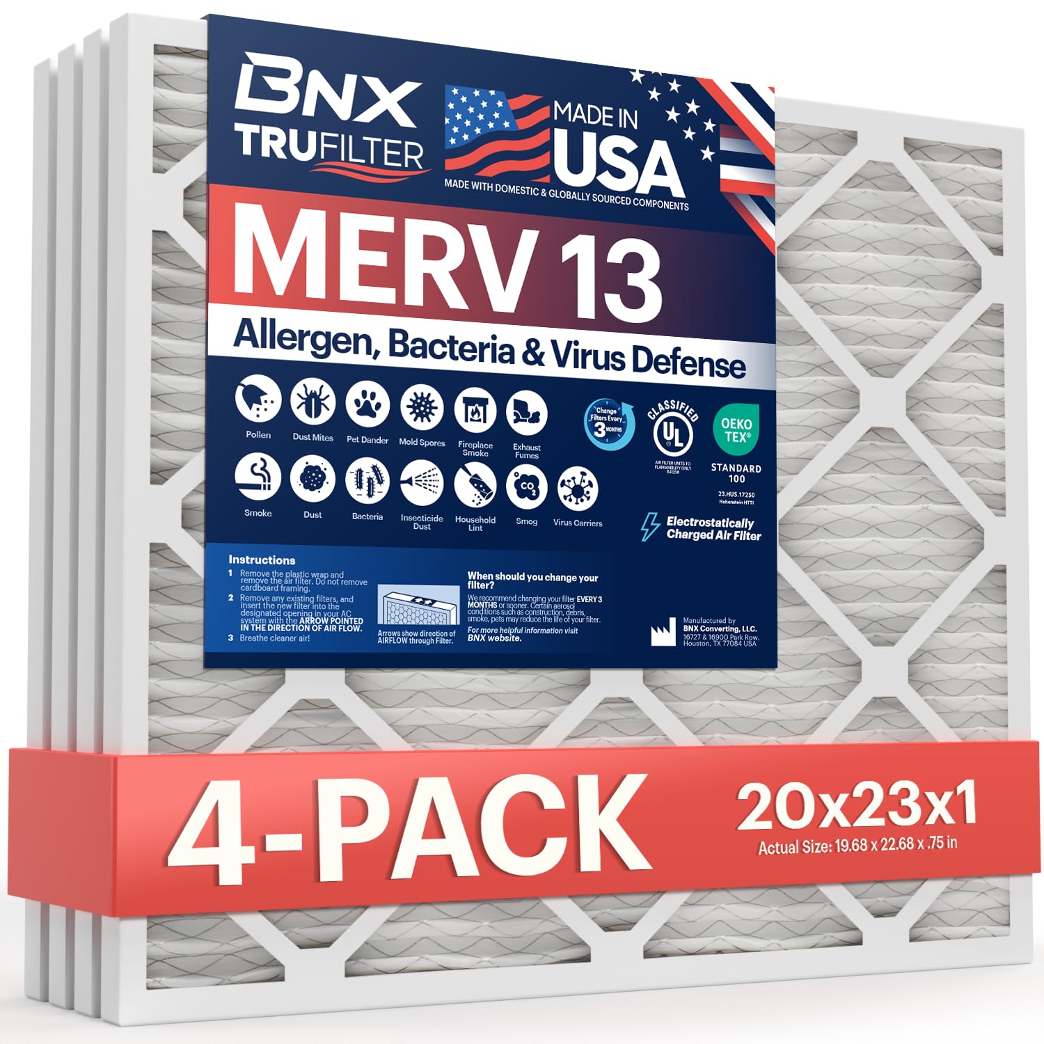 BNX TruFilter 20x23x1 Air Filter MERV 13 (4-Pack) - MADE IN USA - Electrostatic Pleated Air Conditioner HVAC AC Furnace Filters 