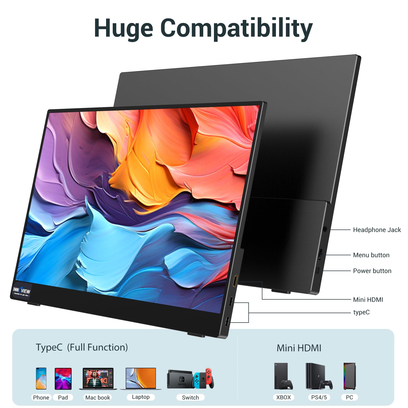 Innoview Portable Monitor, 15.6 Inch Fhd 1080P Hdmi Usb C Second External Monitor For Laptop, Desktop, Macbook, Phones, Tablet, Ps5/4, Xbox, Switch, Built In Speaker With Protective Case