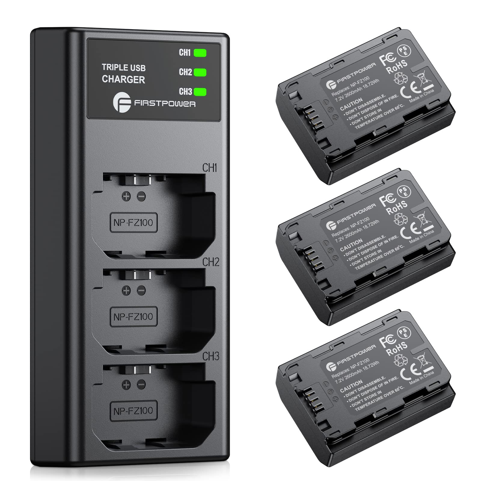 Firstpower Np Fz100 Battery 3 Pack And Triple Slot Charger For Sony Fx3, Fx30, A7 Iii, A7 Iv, A7R Iii, A9, A6600, A7R3, A7S Iii/