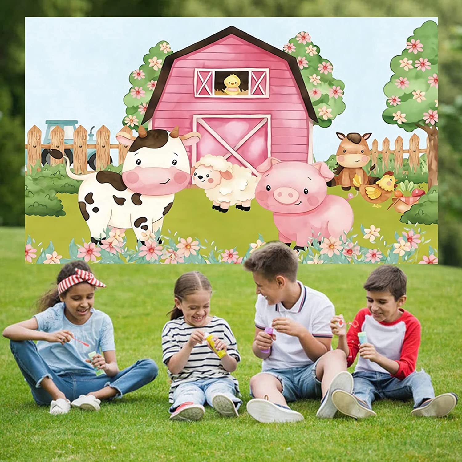 7X5Ft Cartoon Farm Animals Party Backdrop Pink Barn Girl Baby Shower Birthday Photography Background Farmland Animals Cows Pigs