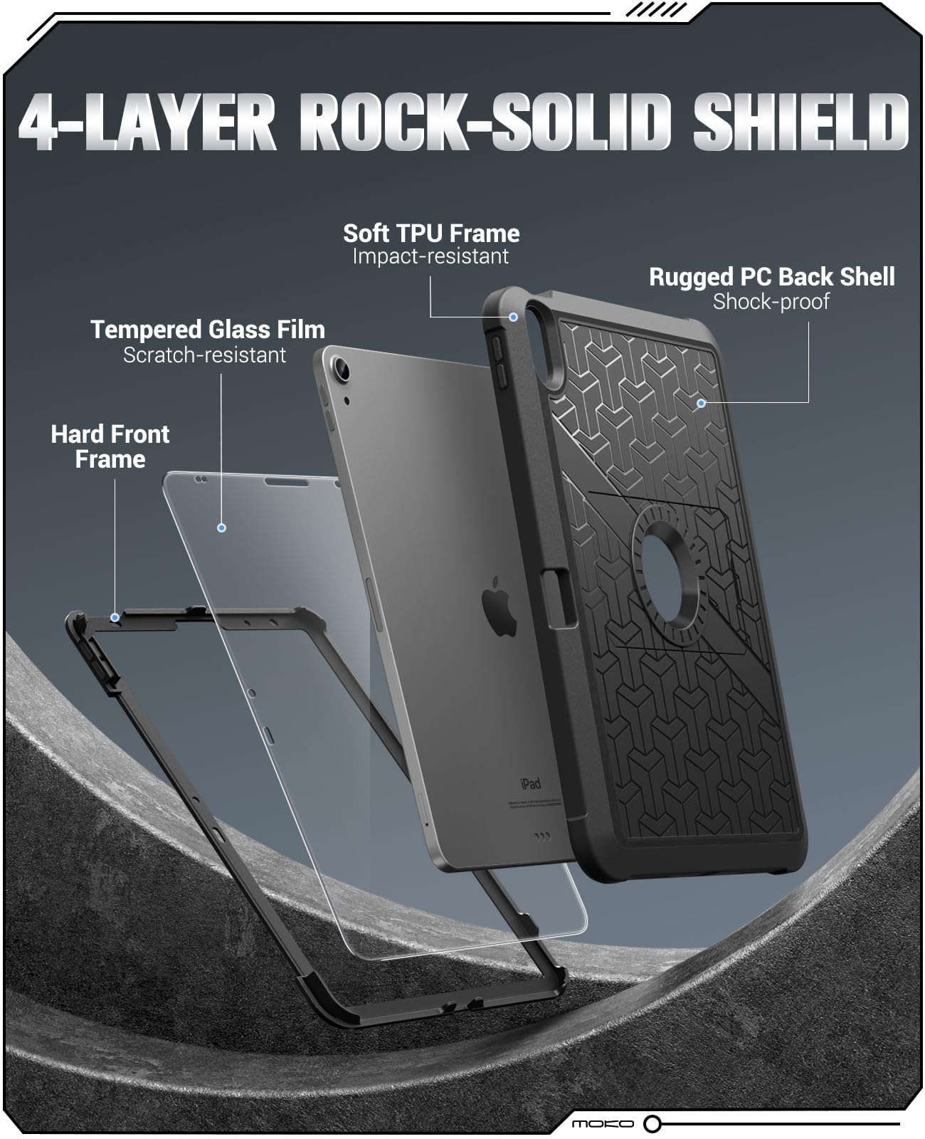 MoKo for iPad Air 6th Generation 11 Inch Case M2 2024, iPad Air 5th/4th Gen 2022/2020, Heavy Duty Shockproof Full Body Cover with Built in Screen Protector & Pencil Holder for iPad Air 6/5/4, Black