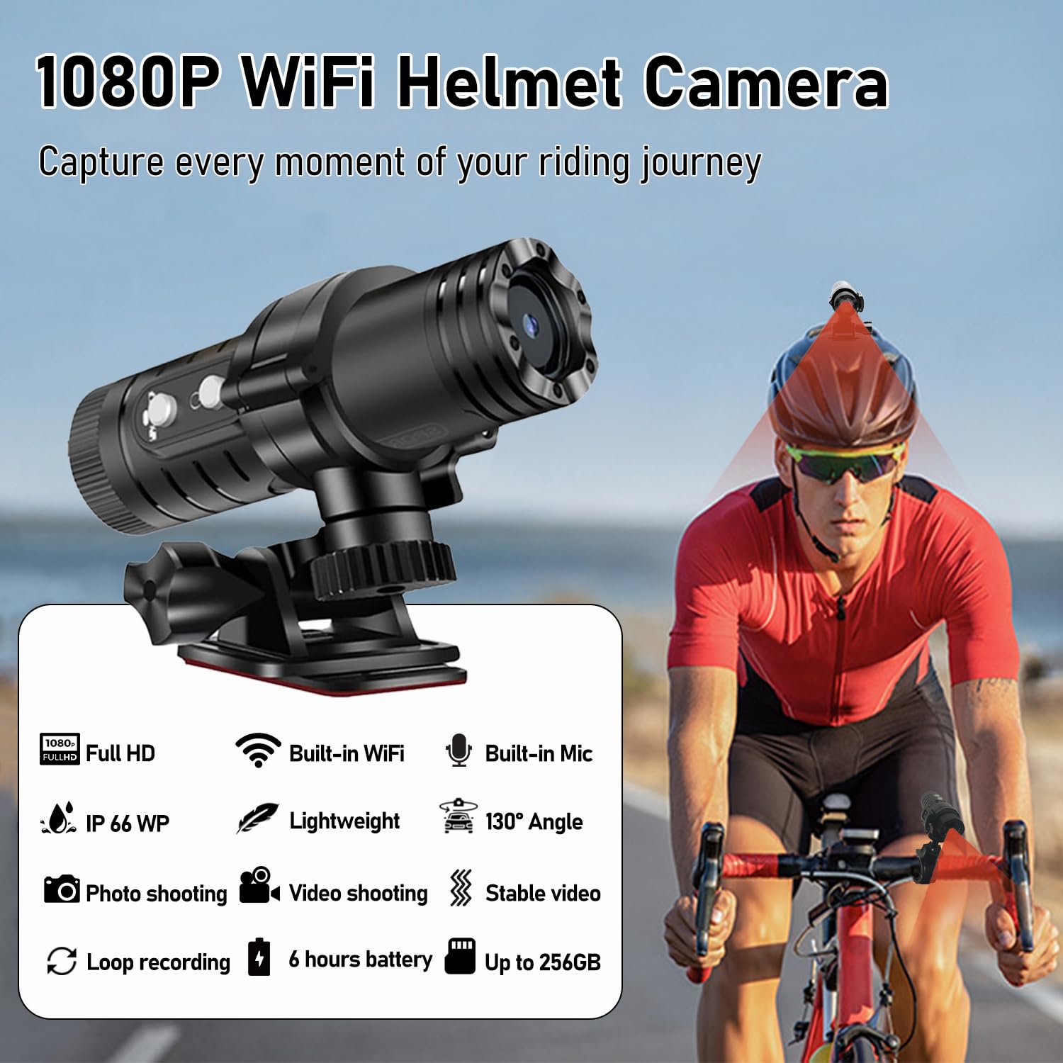 Bayehngs Wifi Helmet Camera, Hd 1080P Bike Motorcycle Helmet Camera, Ip66 Waterproof Action Camera For Cars, Bicycle, Motorbike