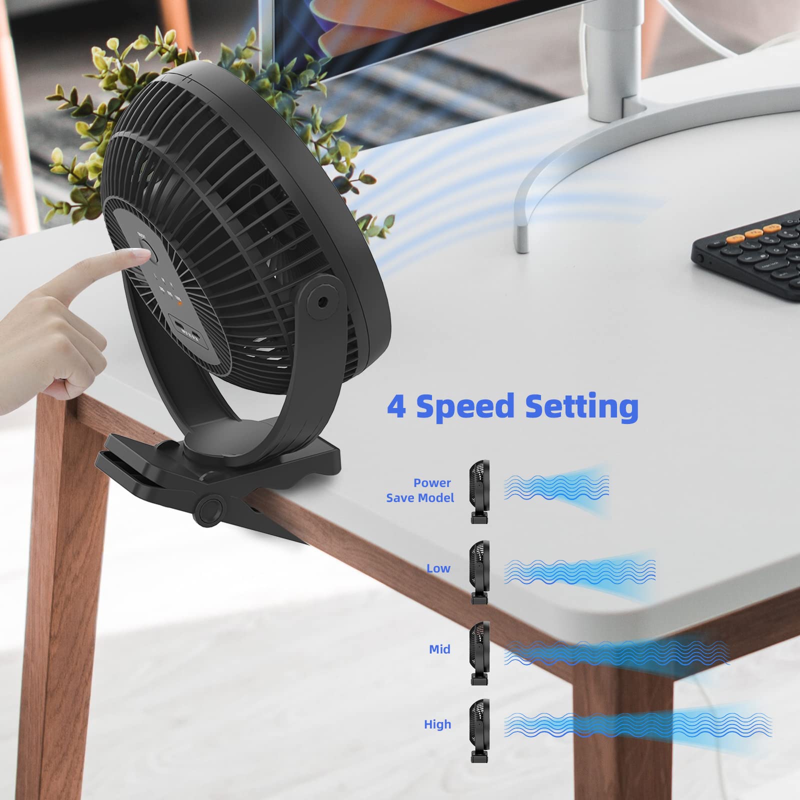 Atengeus Usb Desk Fan, Rechargeable Portable Fan, 8 Inch Clip On Fan, 10000Mah Stroller Fan, 4 Speeds Strong Airflow, 720� Rotation, With Sturdy Clamp, Suitable For Home, Office And Stroller