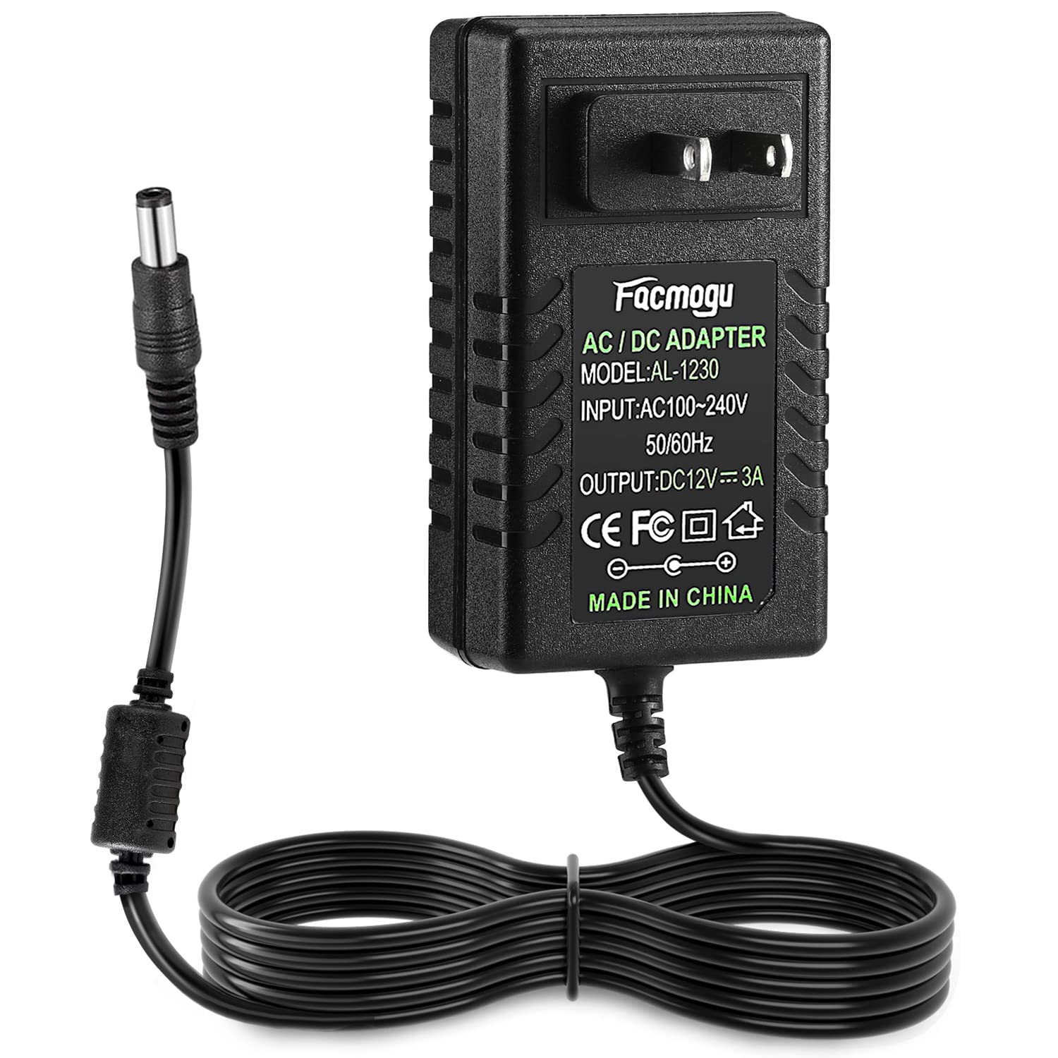 Facmogu Dc 12V 3A Power Supply Ac Adapter, Ac 100 240V To Dc 12 Volt Wall Plug Transformers 36W With 150Cm/ 4.92 Feet Long Cable, Wall Mounted Power Adapter With Barrel Connector 5.5X2.5Mm & 5.5X2.1Mm