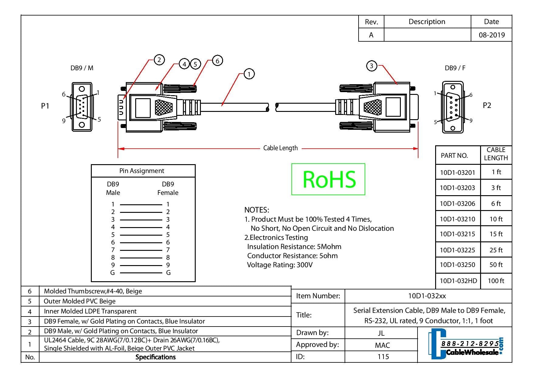 Cablewholesale 100 Feet Serial Extension Cable, Db9 Male To Female, 28 Awg, Rs232 9 Conductor, 1:1, Beige, Male To Female Serial