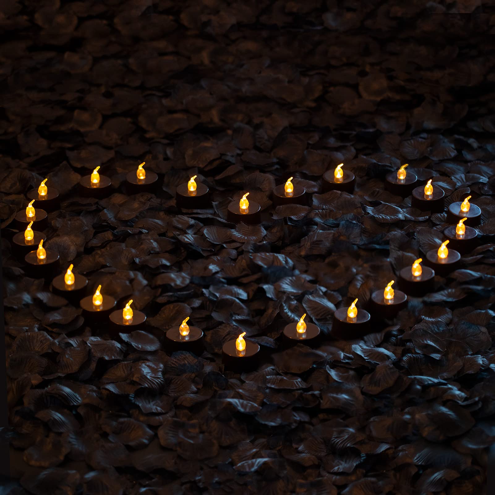 Lanker 500 Pcs Black Artificial Rose Petals With 24 Pcs Black Long Lasting Battery Operated Flickering Flameless Tea Lights Cand