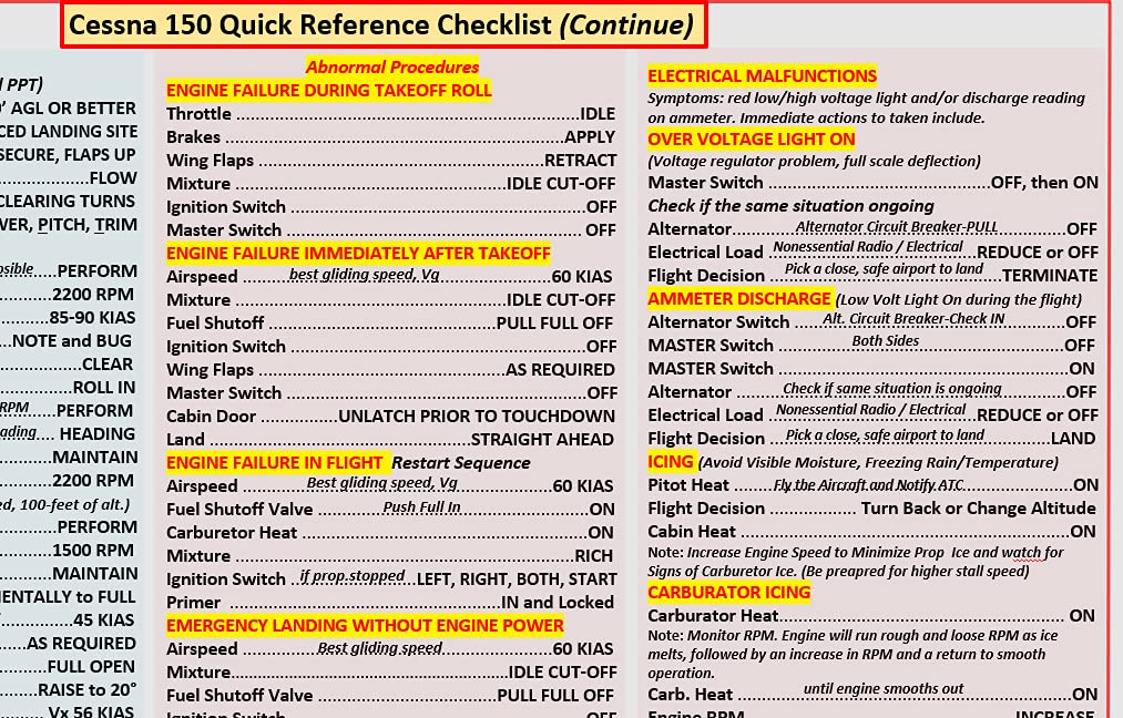 Fts Cessna 150 Extended Quick Reference Checklist (Qrc)