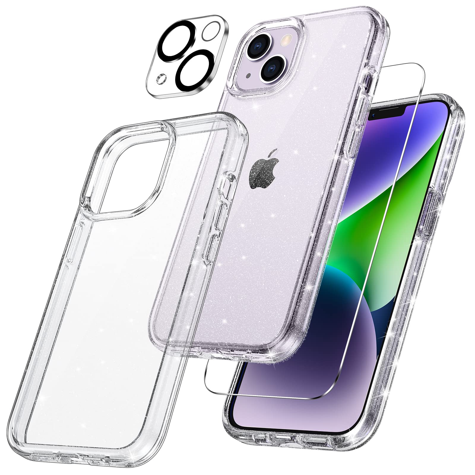 Maxdara [3 In 1 For Iphone 14 Glitter Case, Iphone 14 Case With Tempered Glass Screen Protector And Camera Lens Protector Drop P