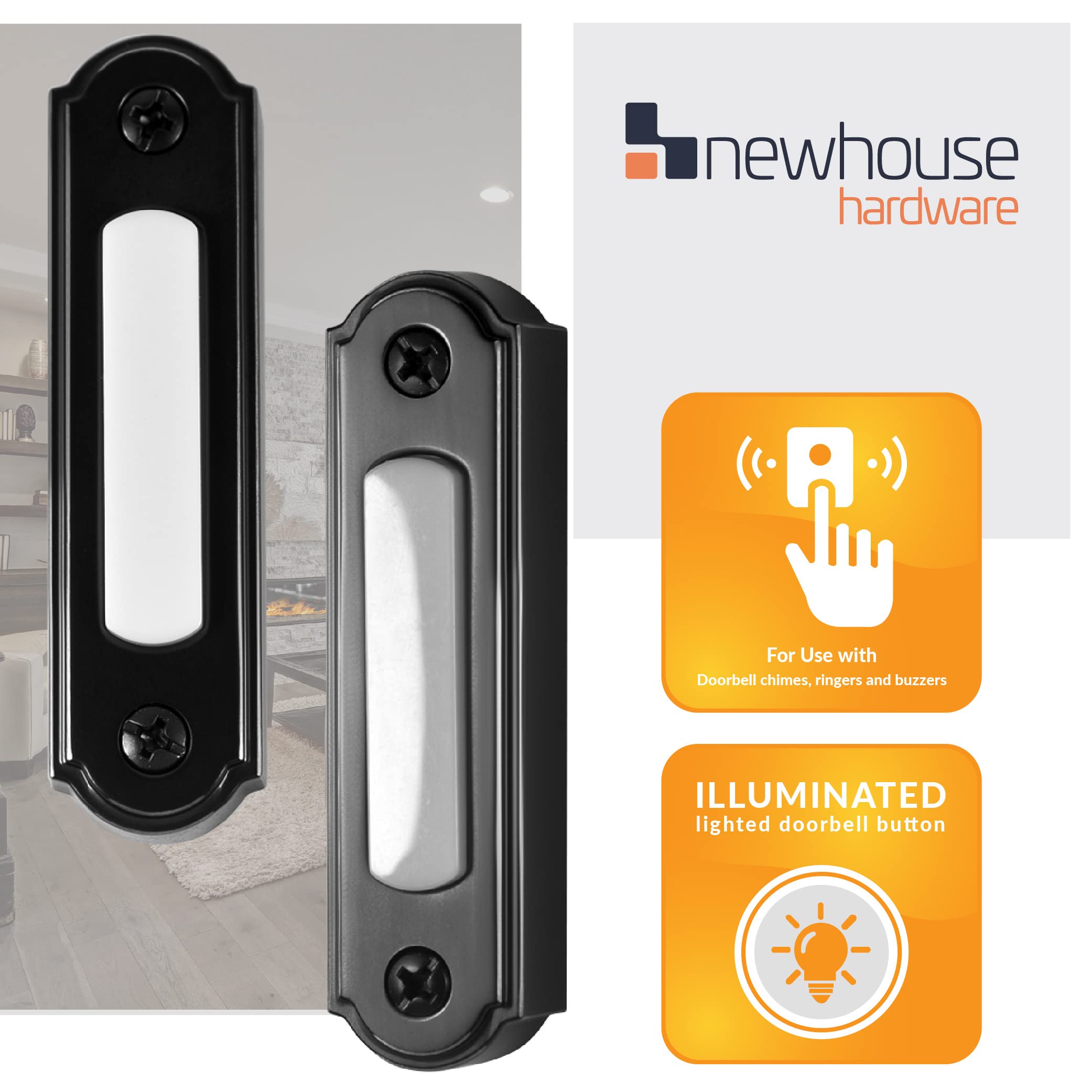 Newhouse Hardware Led Lighted Metal Door Chime Push Button (Black) | Surface Mount Lighted Door Bell Button | Replacement Wired