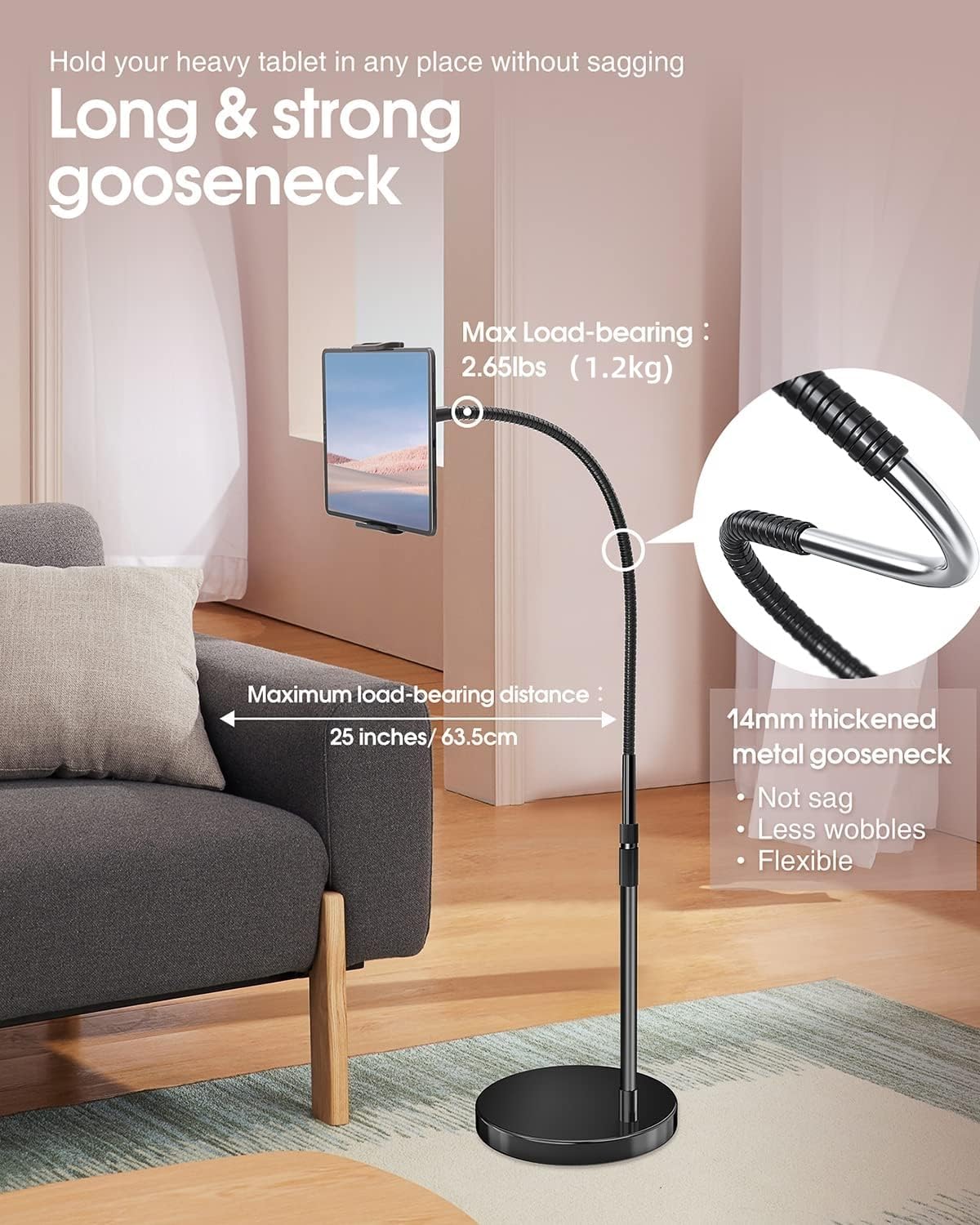 Elitehood Ipad Stand Floor With 14Lb Heavy Duty Base, Adjustable Gooeneck Tablet Floor Stand, Tall Ipad Stand For Bed Compatible With 4.7 13In Kindle, Iphone And Tablets