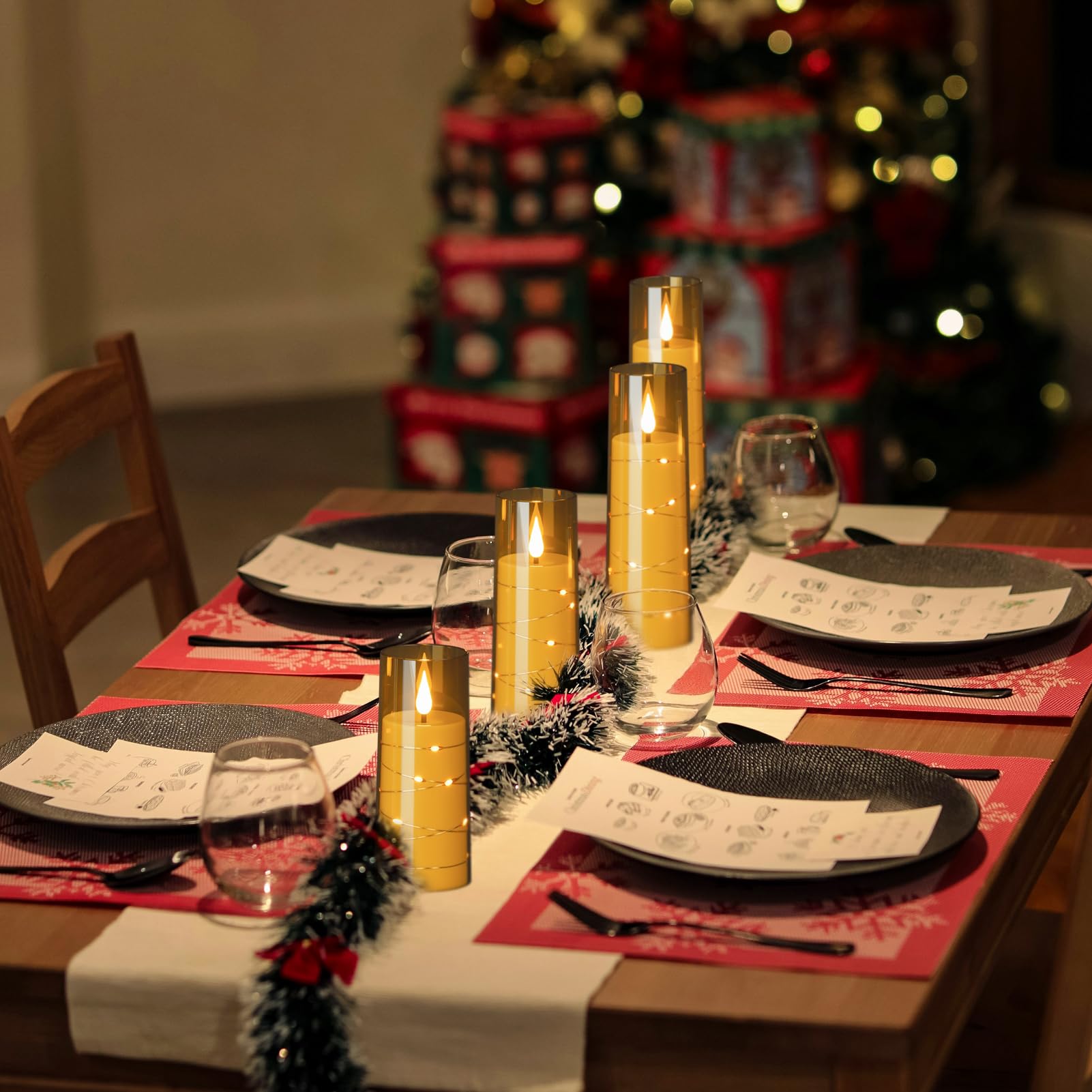 Genswin Flickering Flameless Candles With Remote Timer, 5 Pack Battery Operated Candles With Embedded Star String, Gold Led Batt