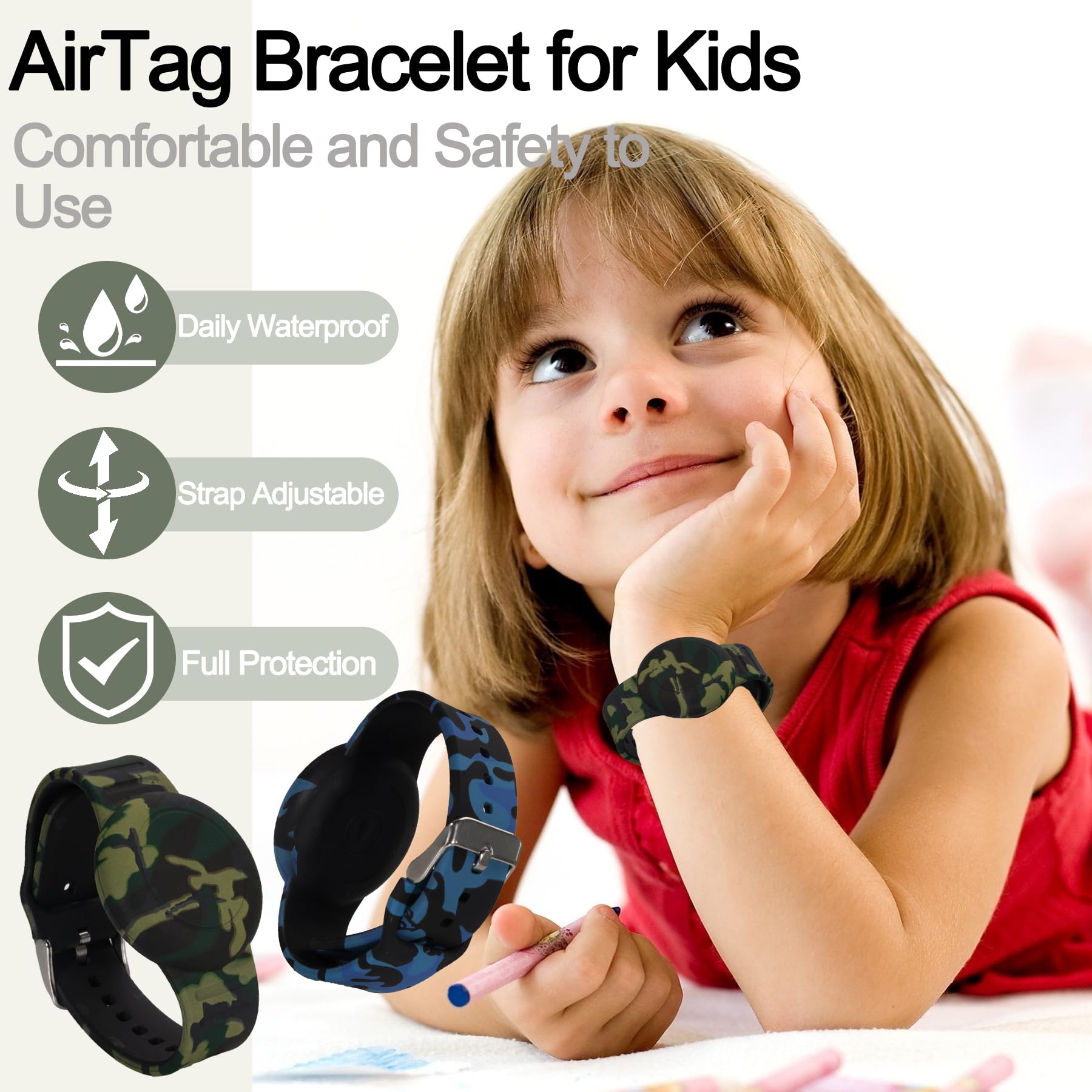 4 Pack Waterproof Airtag Bracelet For Kids, Hidden Printed Wristband For Apple Air Tag, Silicone Airtag Holder Gps Tracker Case