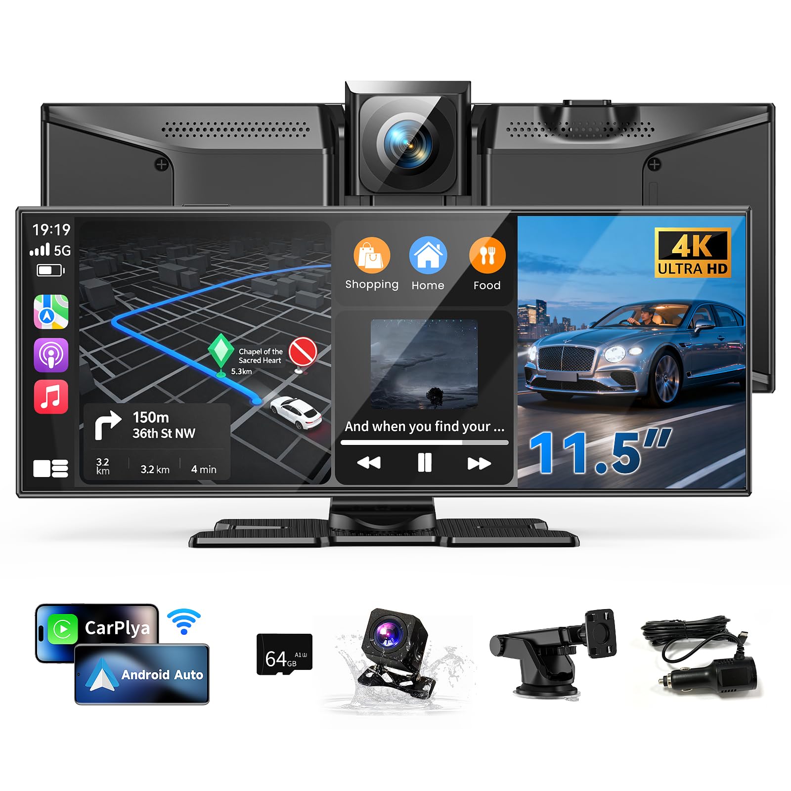 11.5 Wireless Carplay Screen for Car, Portable Apple Carplay & Android Auto Touch Screen, 4K Dash Cam/App Control/Backup Camera/