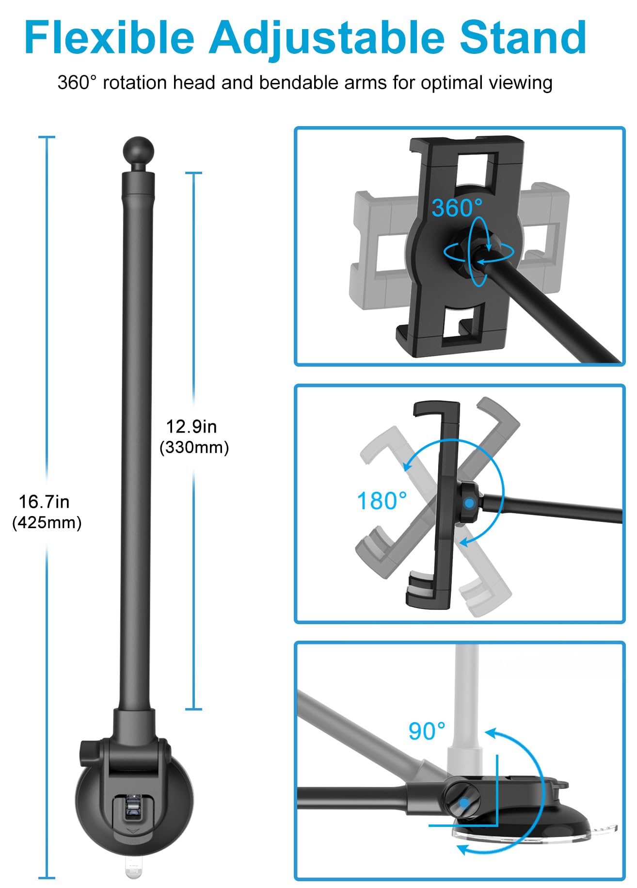 Gdzn Car Dashboard Tablet Mount, Vehicle Dash Ipad Holder, Gooseneck Long Arm Stand With Strong Sticky Gel Suction Cup For Ipad