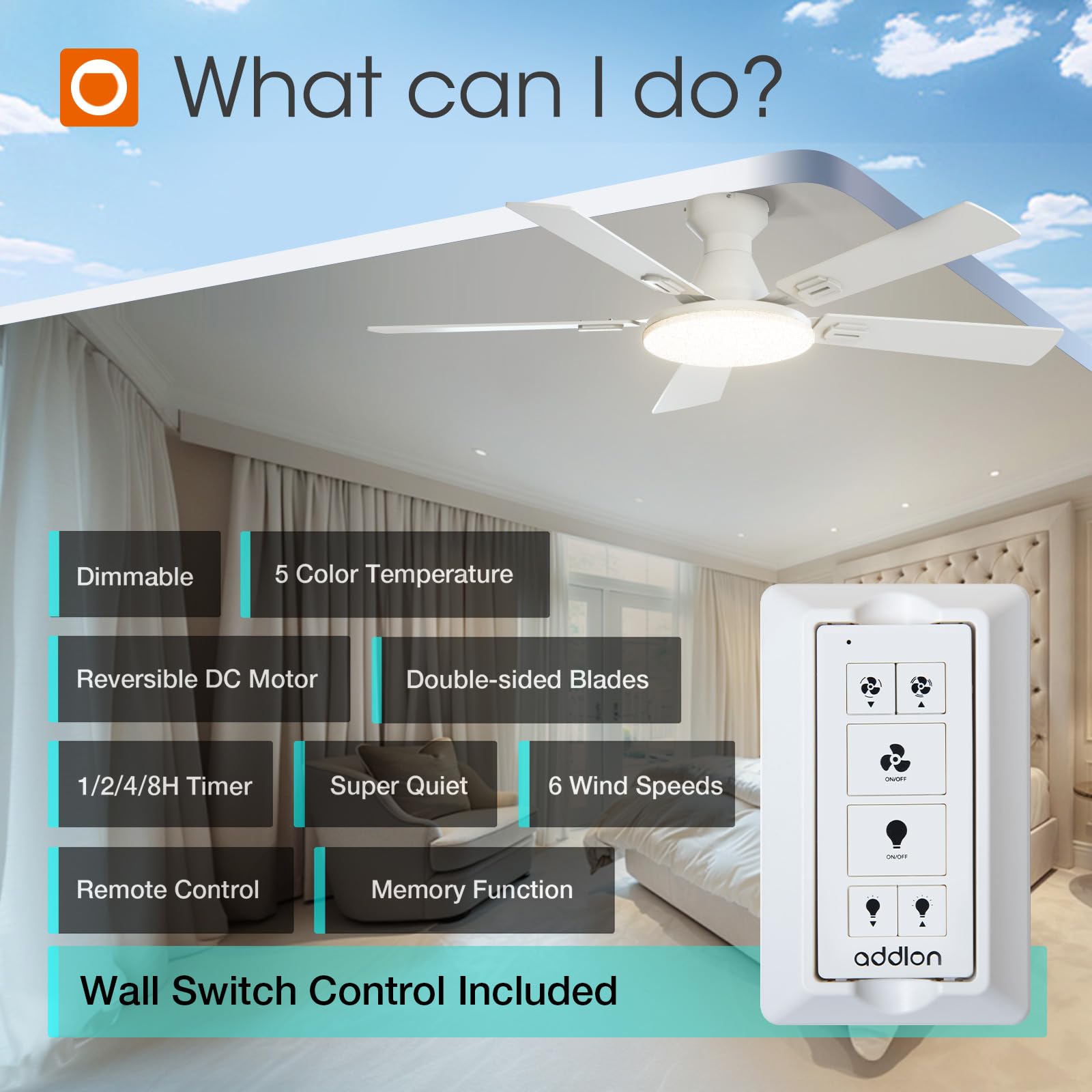 Addlon Ceiling Fans With Lights, 52 Inch Flush Mount Ceiling Fan With Remote Control, Wall Remote, Reversible, 5Cct, Dimmable, N