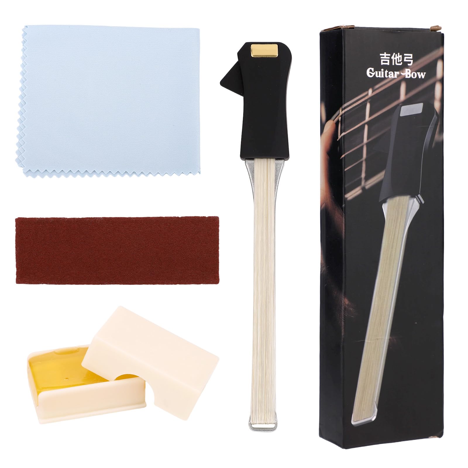 2-in-1 Guitar Bow Kit, Double-Sided Playing Guitar Acoustic Bow with Rosin Sandpaper Cloth & Storage Bag Creative Tool Accessori
