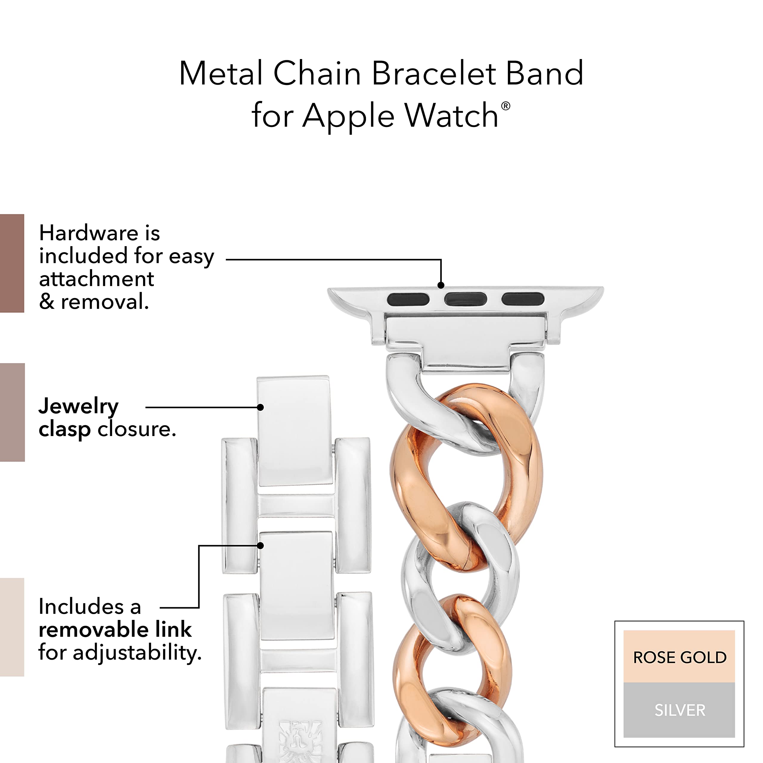 Anne Klein Fashion Chain Bracelet For Apple Watch, Secure, Adjustable, Apple Watch Replacement Band, Fits Most Wrists (42/44/45M