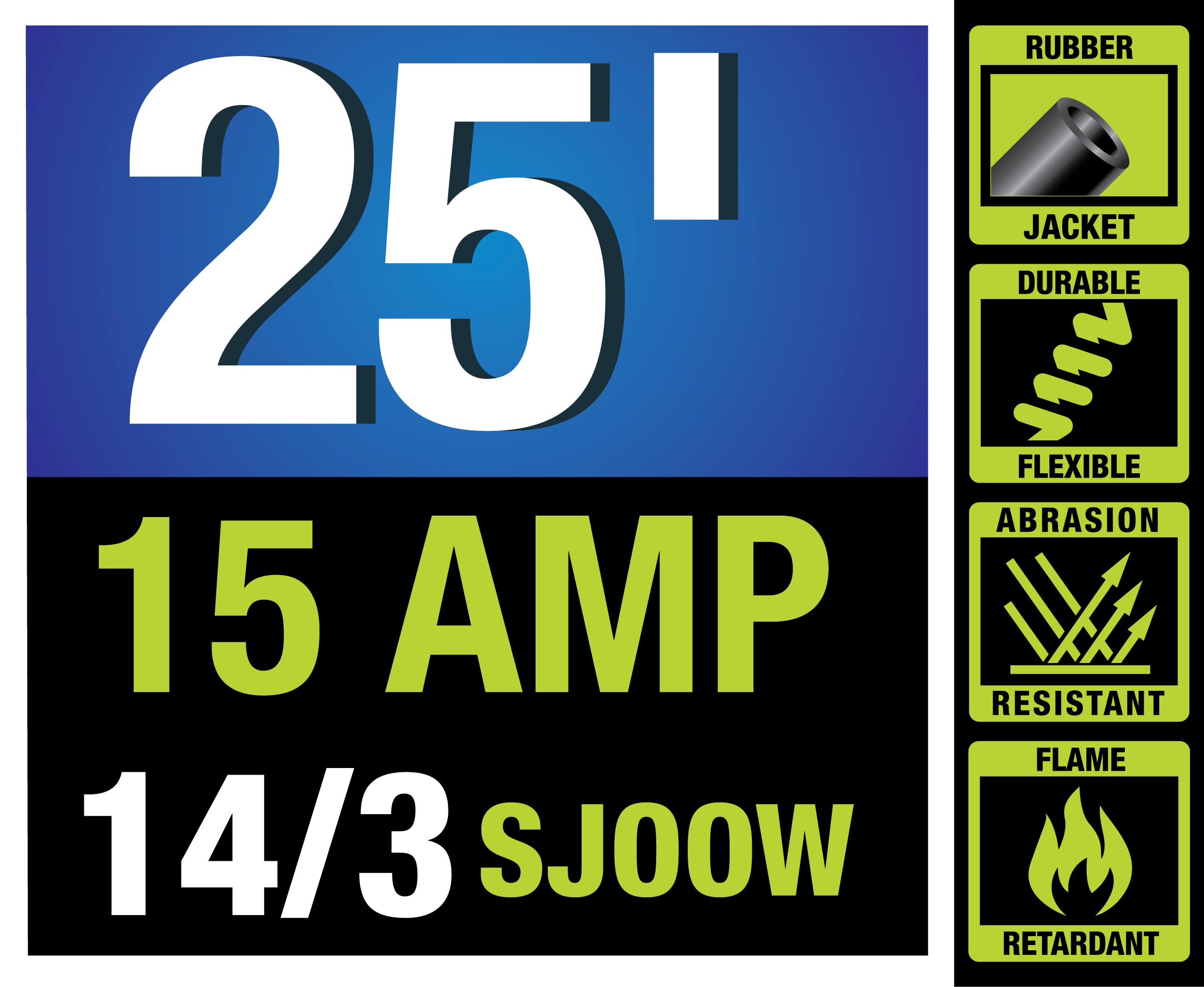 Powersmith 25 Ft. Medium Duty Extension Cord 14/3 Sjoow 15 Amp Indoor/Outdoor Locking, Lighted End,  58F To 194F, 5 Year Warrant