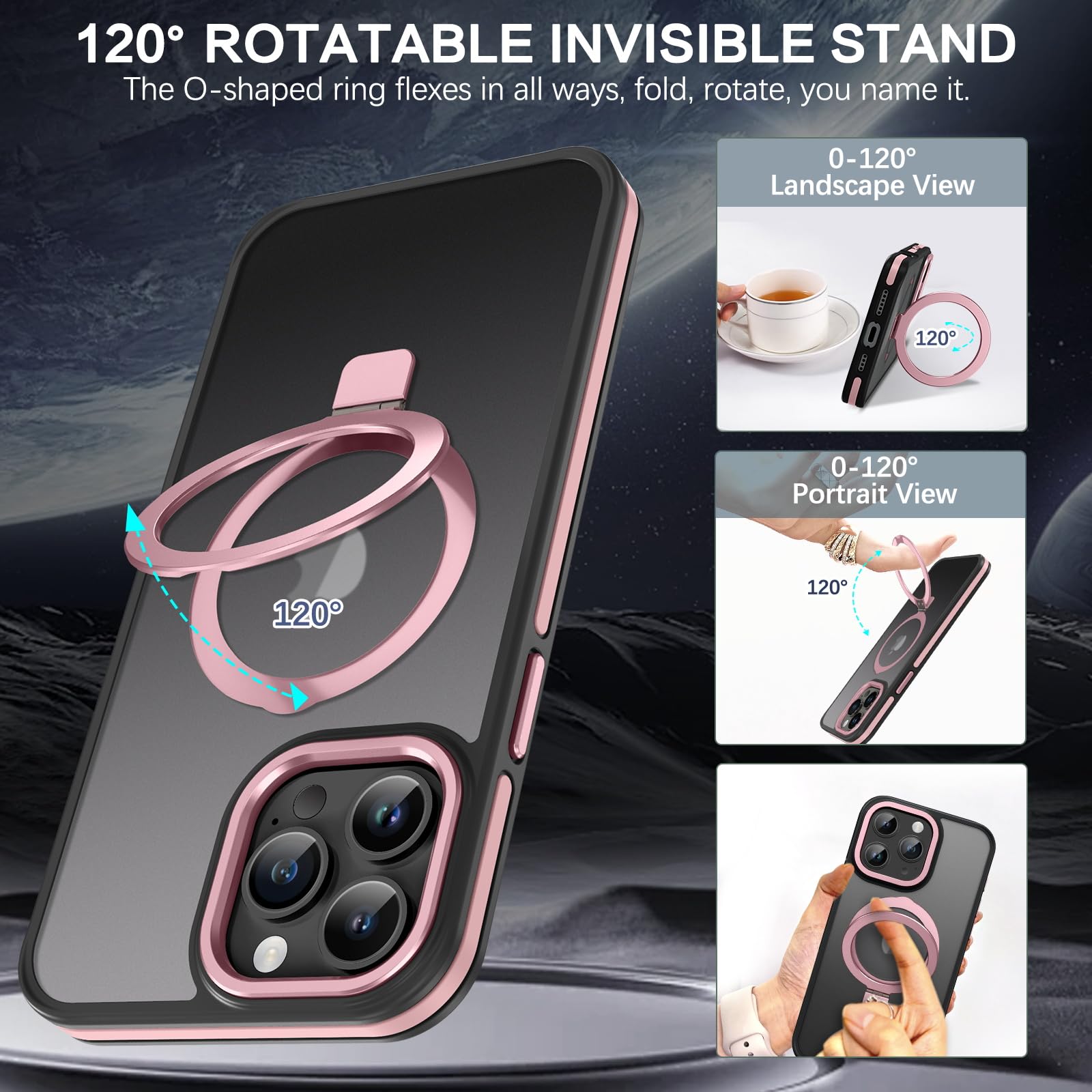 Veningo Iphone 15 Pro Max Case, Magnetic Slim Fit Magsafe Translucent Matte Car Mount Supported Foldable Ring Holder Kickstand S