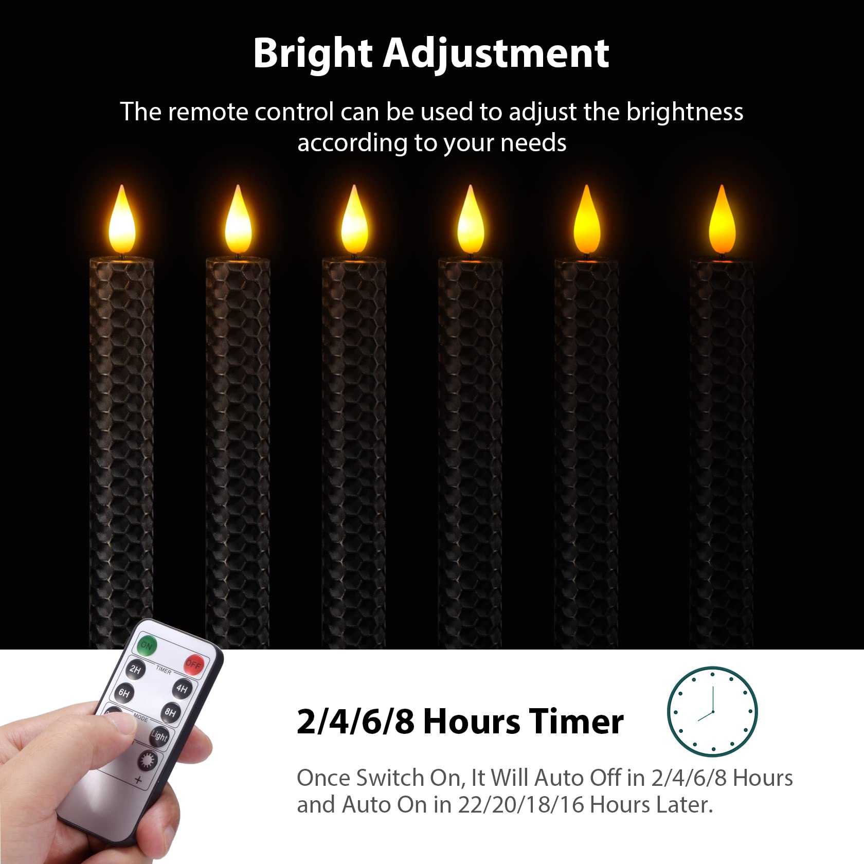 Soulbay Black Flameless Taper Candles, 9.7'' Battery Operated Real Wax Honeycomb Led Window Candle Sticks With Remote & Timer, F