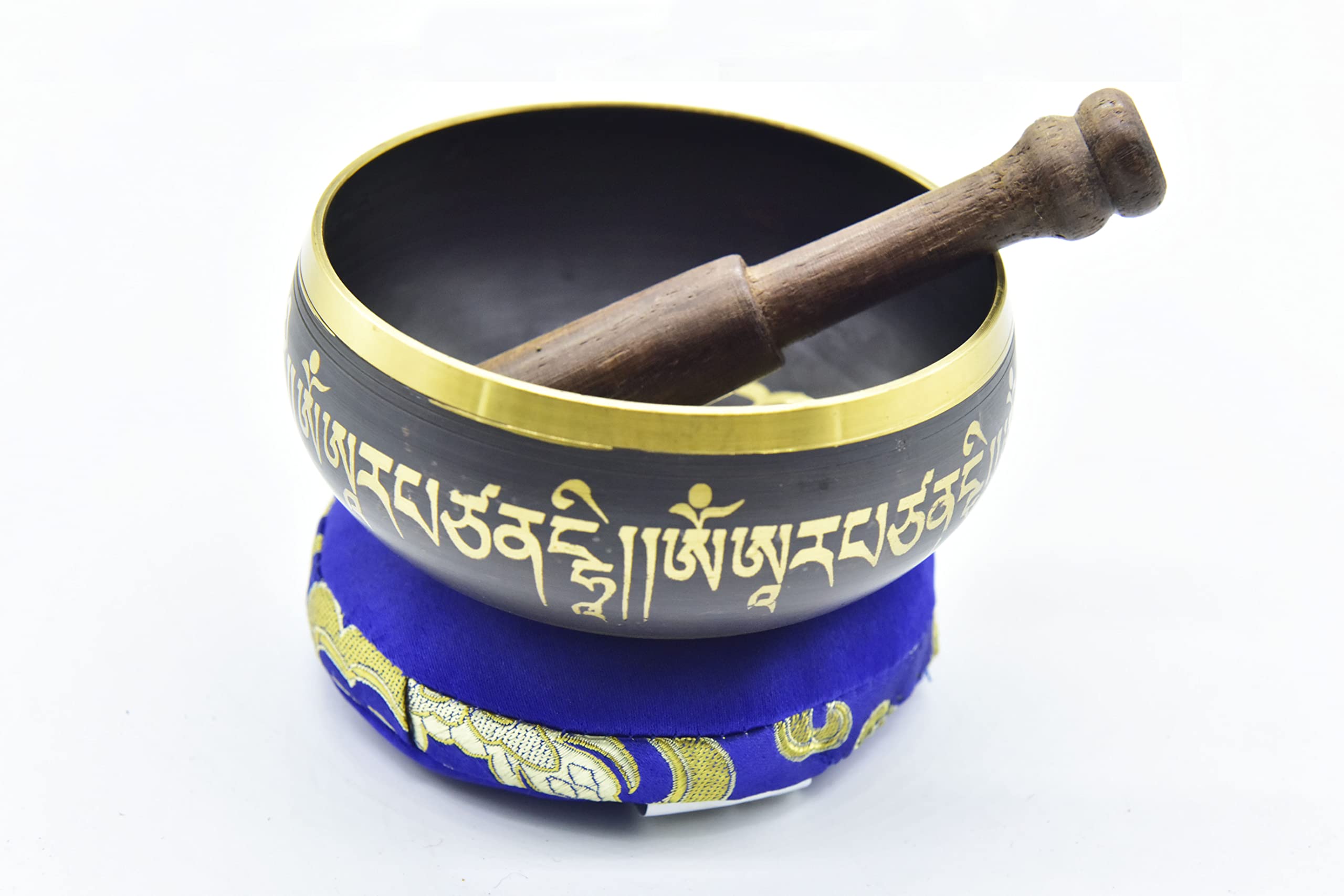 3.75'' Tibetan Meditation Yoga Singing Bowl Black Set With Free Wooden Mallet And Silk Cushion From Nepal, Singing Bowls.