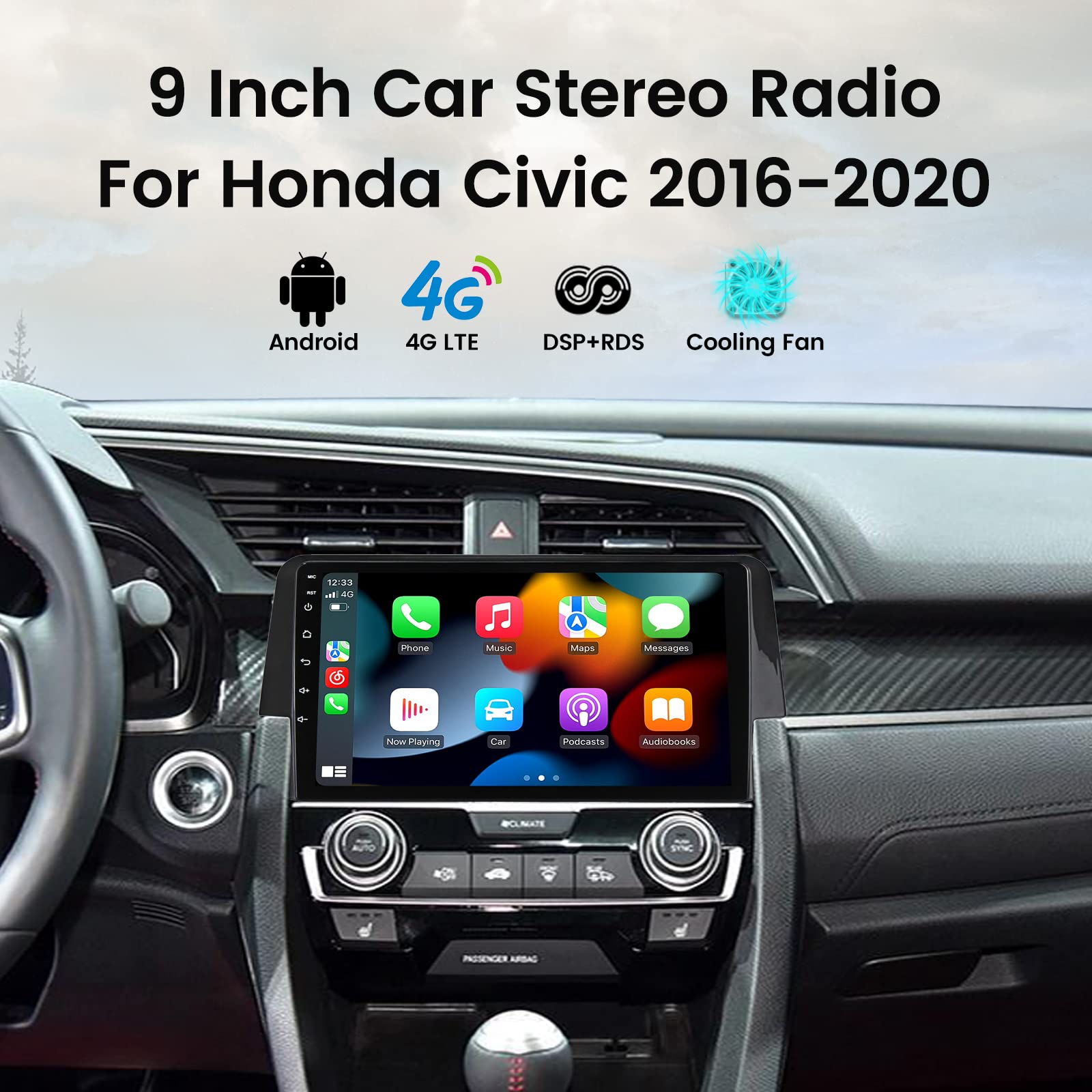 Biorunn Android 12 Car Stereo For Honda Civic 2016 2017 2018 2019 2020 2021, 9 Inch Car Radio Octa Core Wireless Wired Car-Play