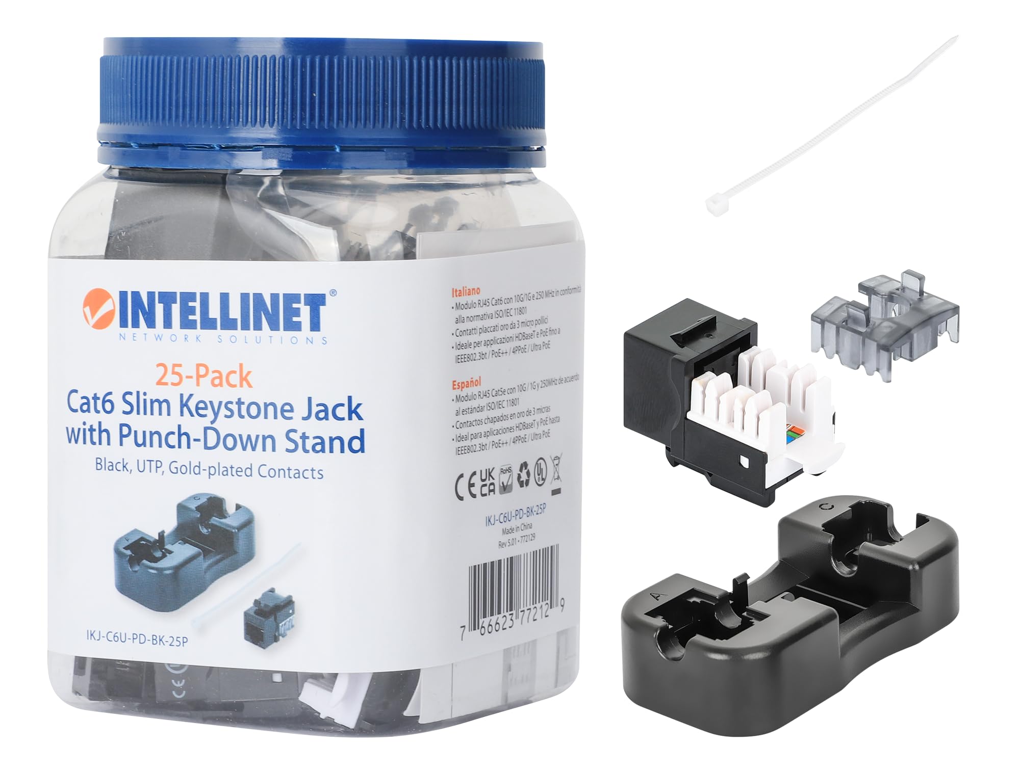 Cat6 Slim Keystone Jack With Punch-Down Stand, Black, 25-Pack