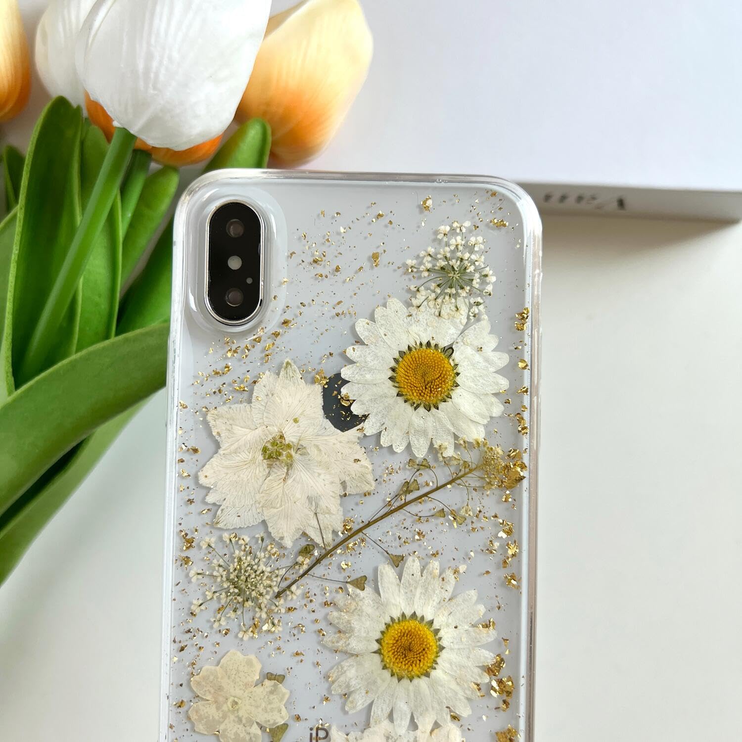 Lseeka For Iphone Xs Max Clear Case With Pressed Real Flowers Design,Glitter Cute White Floral Pattern Slim Soft Tpu Protective