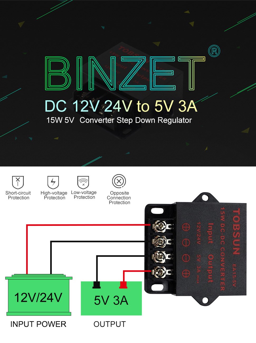 Binzet Dc Converter Step Down Regulator 5V Regulated Power Supplies Transformer Converter (5V 3A 15W)