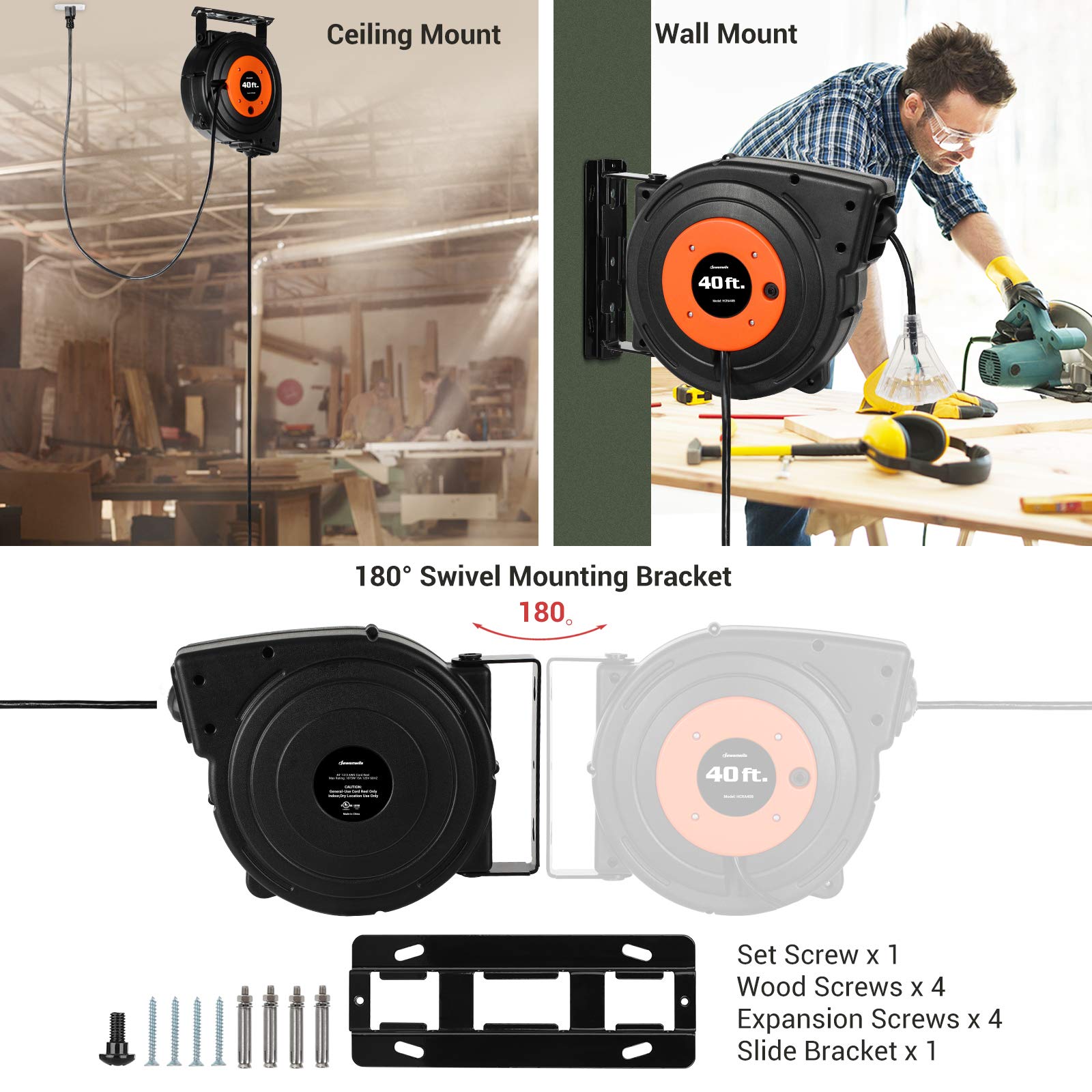 Dewenwils Retractable Extension Cord Reel, 40 Ft Heavy Duty Power Cord, 12Awg/3C Sjtow, 3 Grounded Outlets Lighted Triple Tap, 1