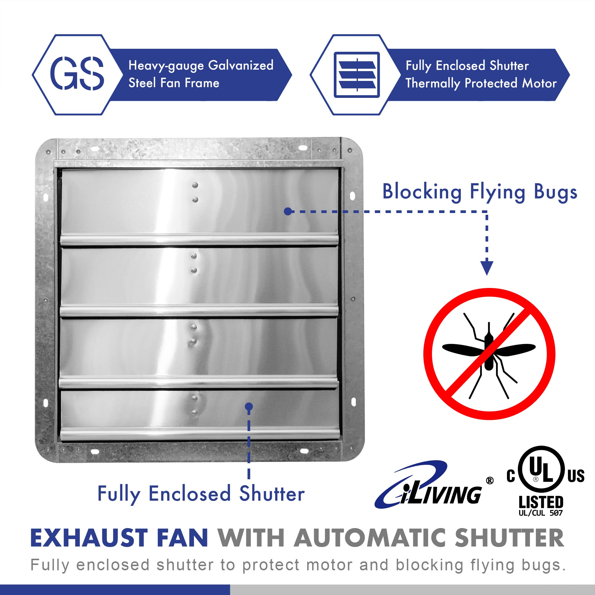 Iliving 16'' Wall Mounted Shutter Exhaust Fan, Automatic Shutter, With Thermostat And Variable Speed Controller, 0.85A, 1200 Cfm
