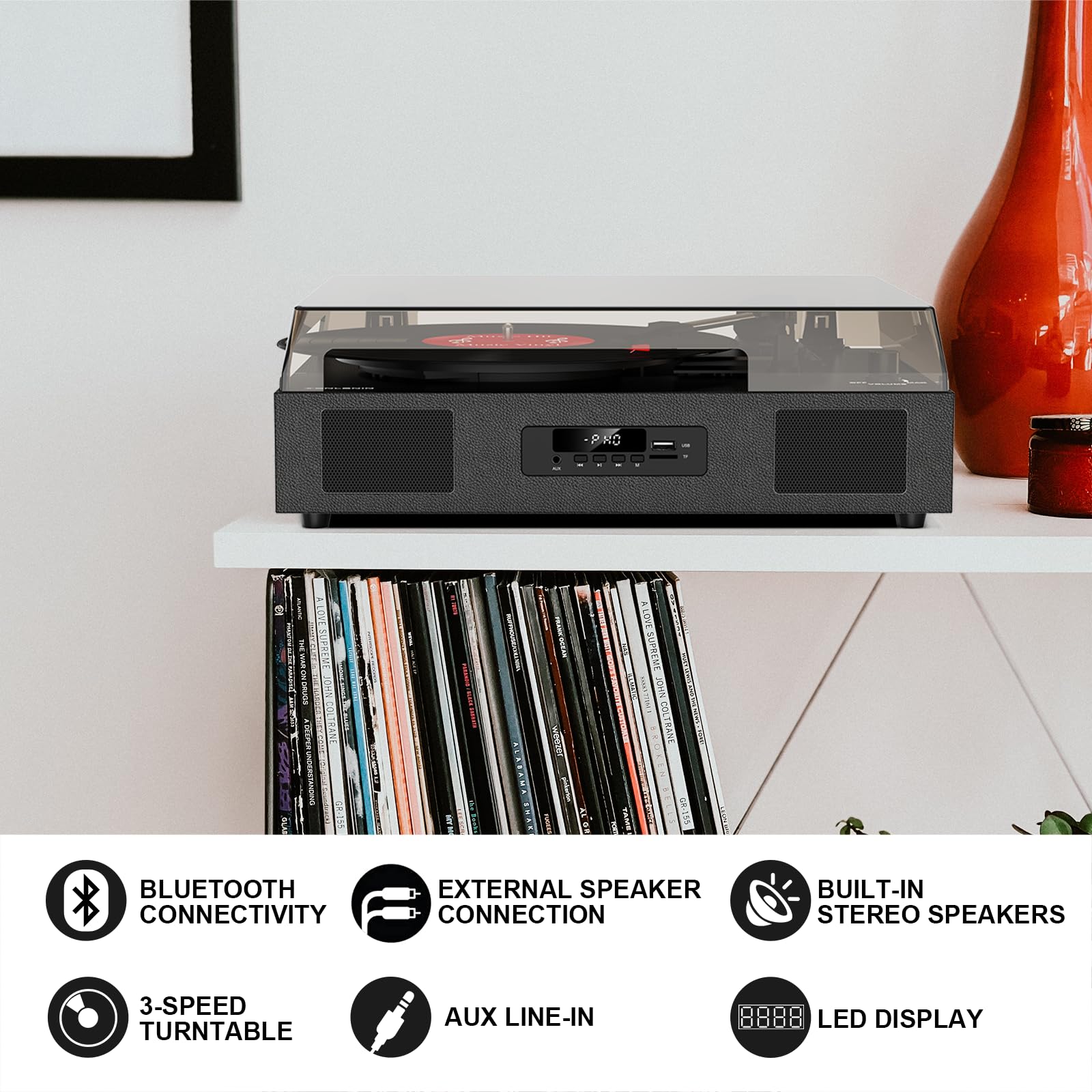 Vinyl Record Player Turntable With Built In Stereo Speakers, Vintage 3 Speed Turntable For Vinyl Records Usb Sd Recording With B