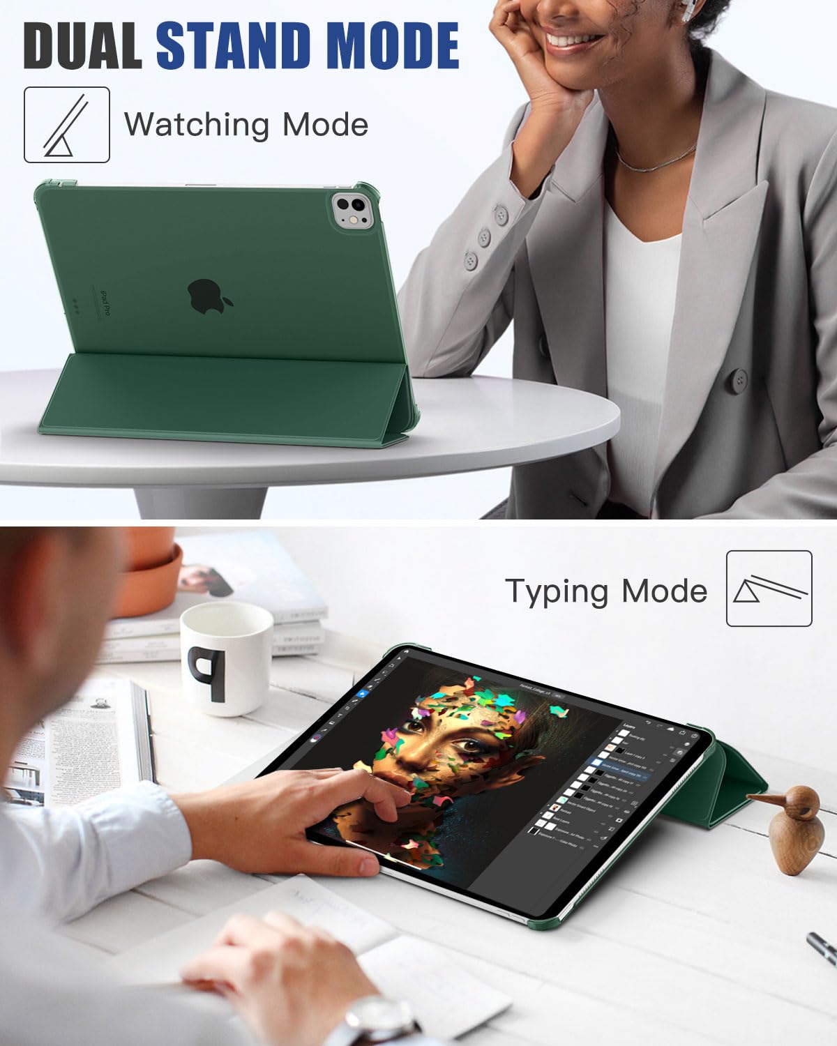 MoKo for iPad Pro 11 Inch Case M4 2024 (5th Gen),Ultra Slim Stand Case with Hard PC Translucent Back Shell Cover for iPad Pro 11'' 2024 Model(A2836/A2837/A3006),Support Apple Pencil Pro,Midnight Green